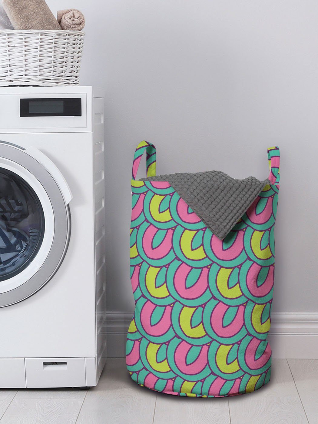 Waschsalons, Retro mit Overlap-Motiv Griffen Wäschesäckchen für Abakuhaus Kordelzugverschluss Abstrakt Wäschekorb