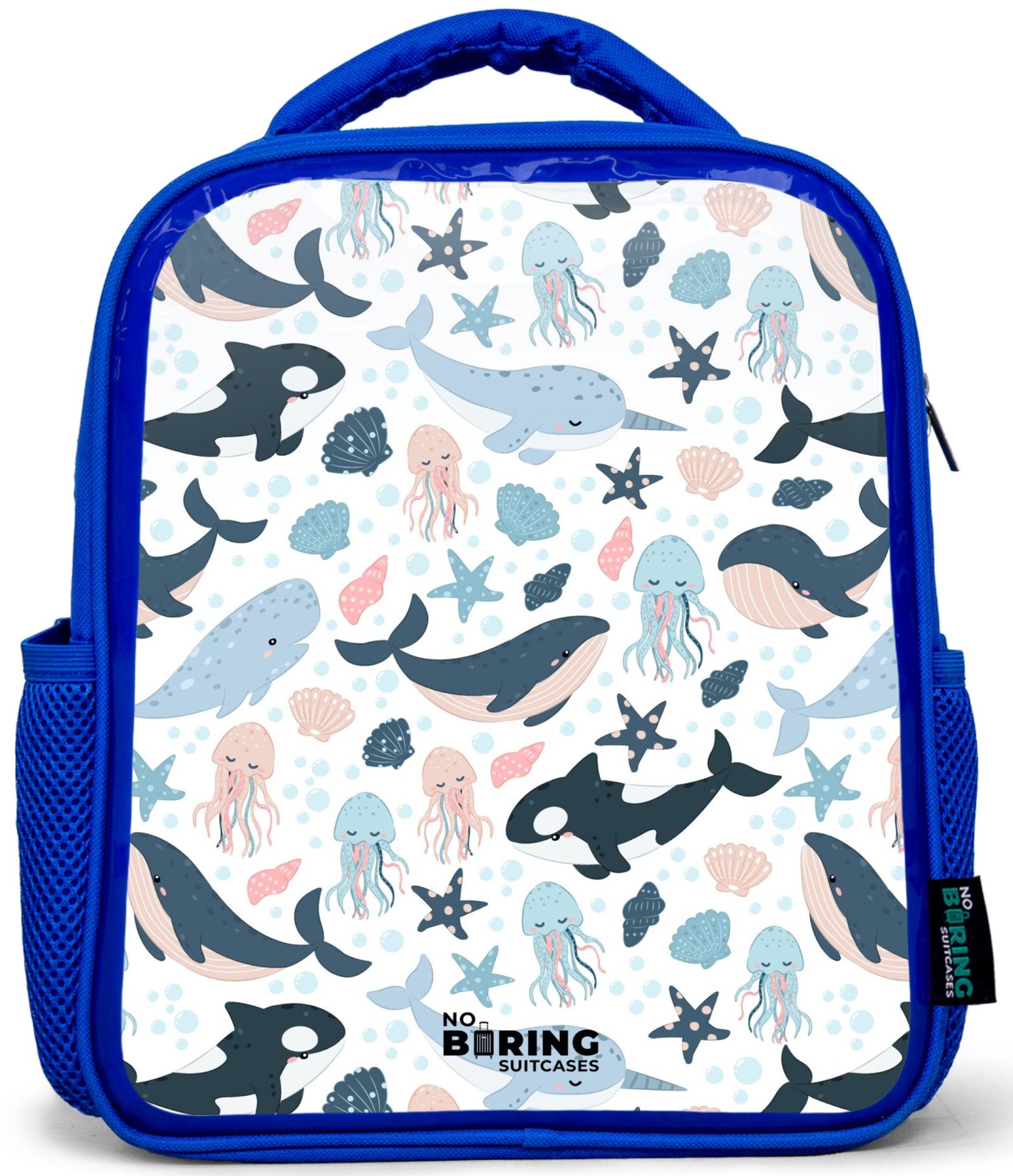 NoBoringSuitcases.com© Rucksack Blau - Seetiermuster mit Walen, Quallen und Orcas, Kinderrucksack, Schulrucksack, Freizeitrucksack, Jungen, Kindergarten