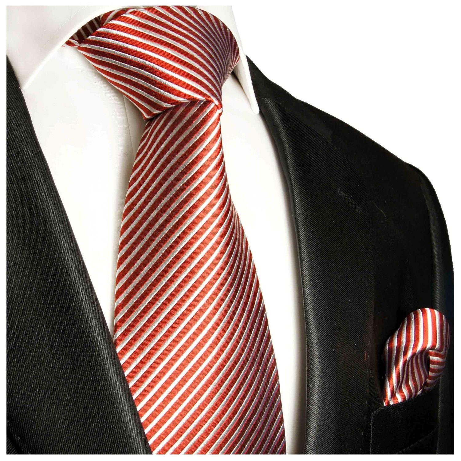 Paul Malone Krawatte Herren Seidenkrawatte und Tuch modern gestreift 100% Seide (Set, 2-St., Krawatte mit Einstecktuch) Breit (8cm), rot 447