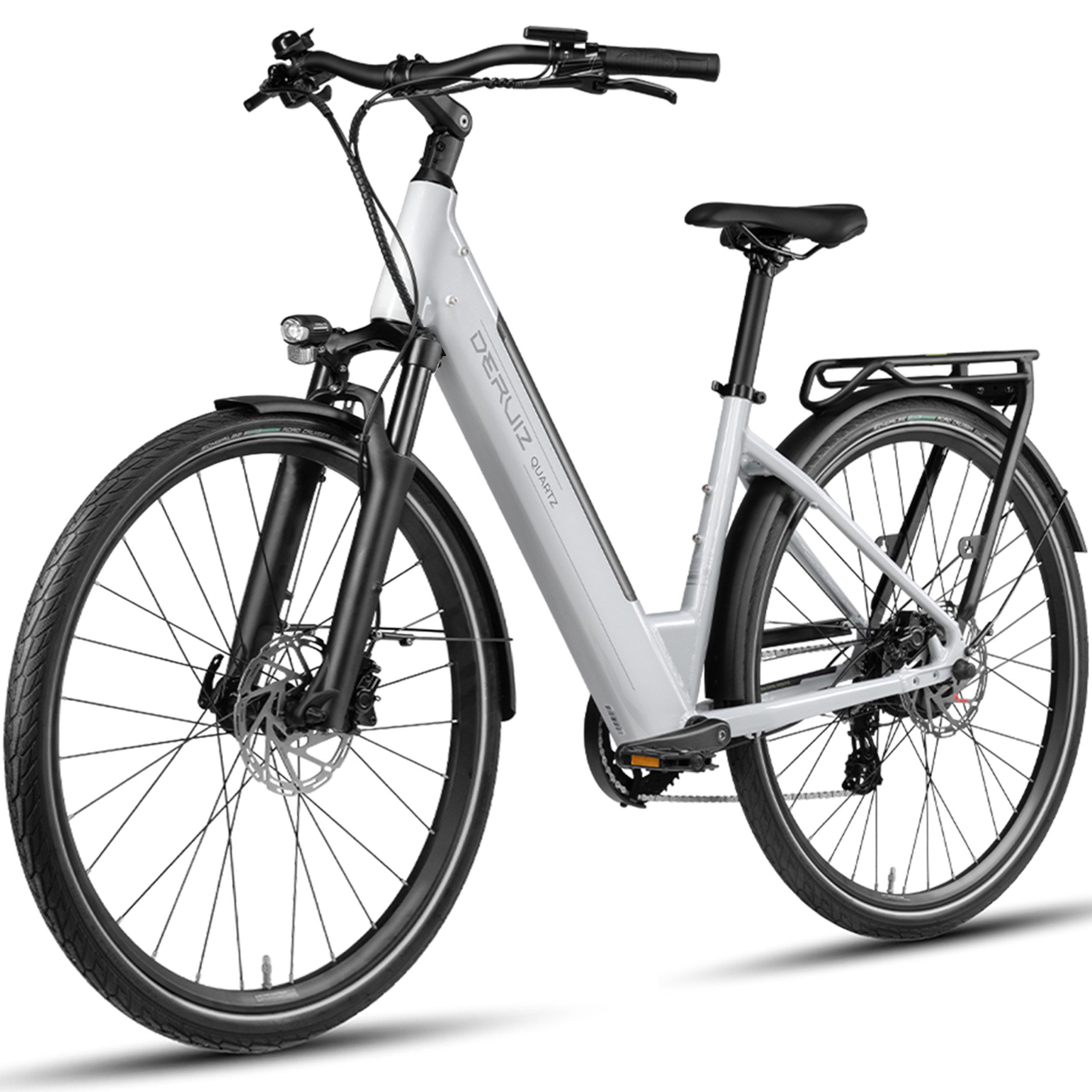 DERUIZ E-Bike Cityrad 28 Zoll für Damen und Herren, Bluetooth+App, Elektrofahrrad 161km, 8 Gang Shimano Altus RD-M310 Schaltwerk, Kettenschaltung, Heckmotor, 644 Wh, (Federgabel mit Lockout, Drehmomentsensor, mit Bremslicht), Quartz 2026, nur ca. 24kg, Einheitsgröße: 44cm, Hydr. Scheibenbremsen