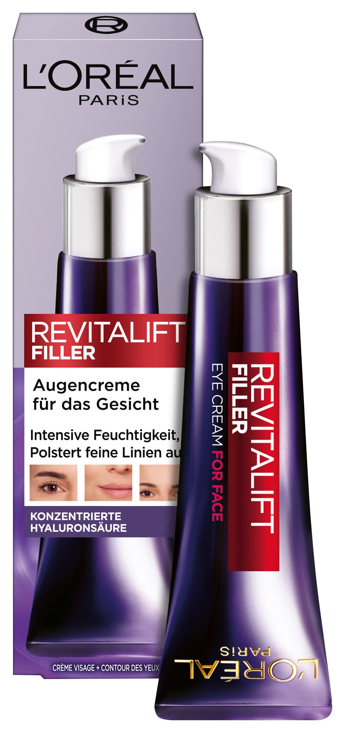 L'ORÉAL PARIS Gesichtspflege REVITALIFT FILLER AUGENCREME FÜR DAS GESICHT, mit Hyaluronsäure, glättet die Haut, feuchtigkeitsspendend
