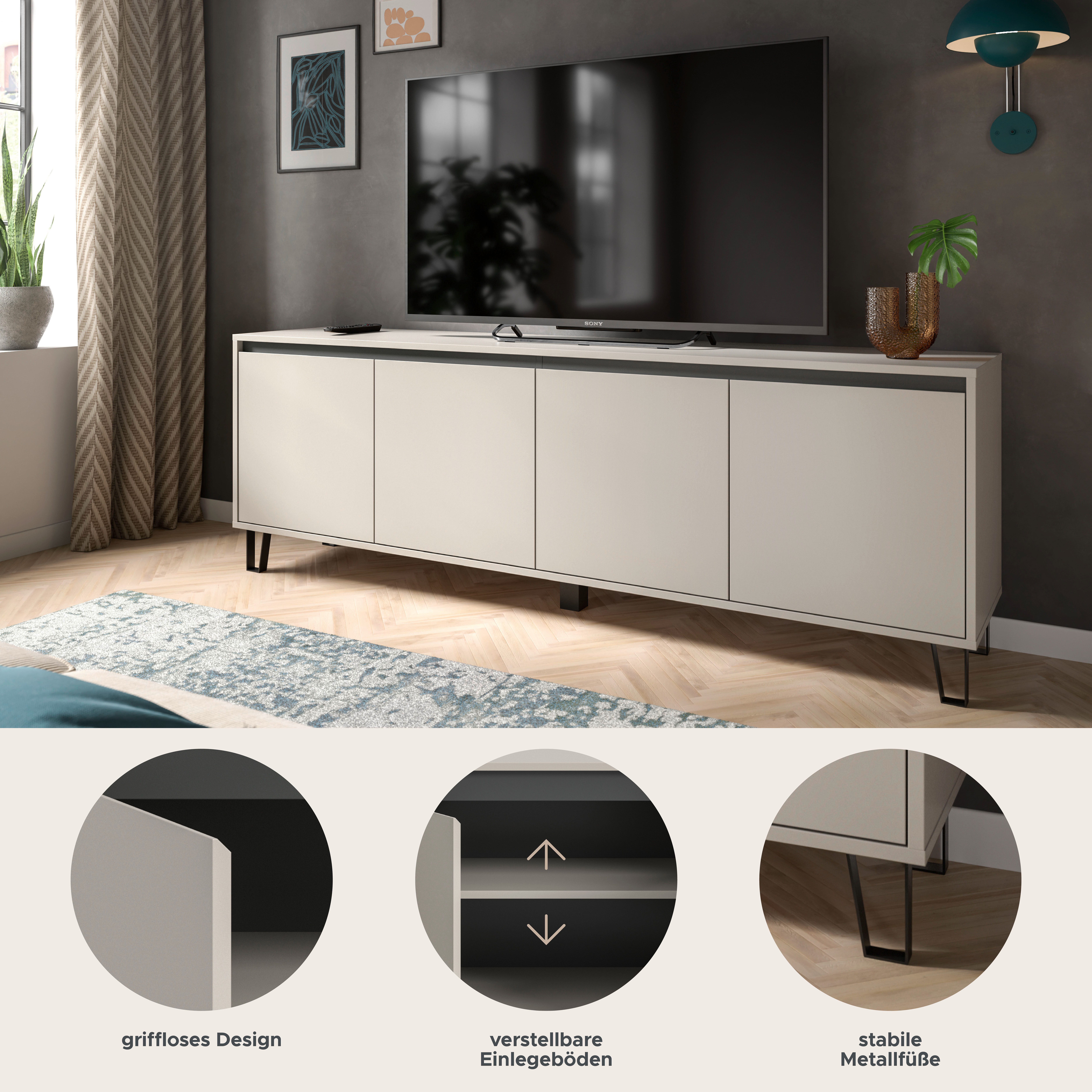 Home affaire Lowboard BALTIC, Breite 184cm, grifflose Fronten, Metall-Füße,4 Türen, 4 Fächer, TV-Möbel, TV-Schrank, TV-Lowboard, Mediaboard