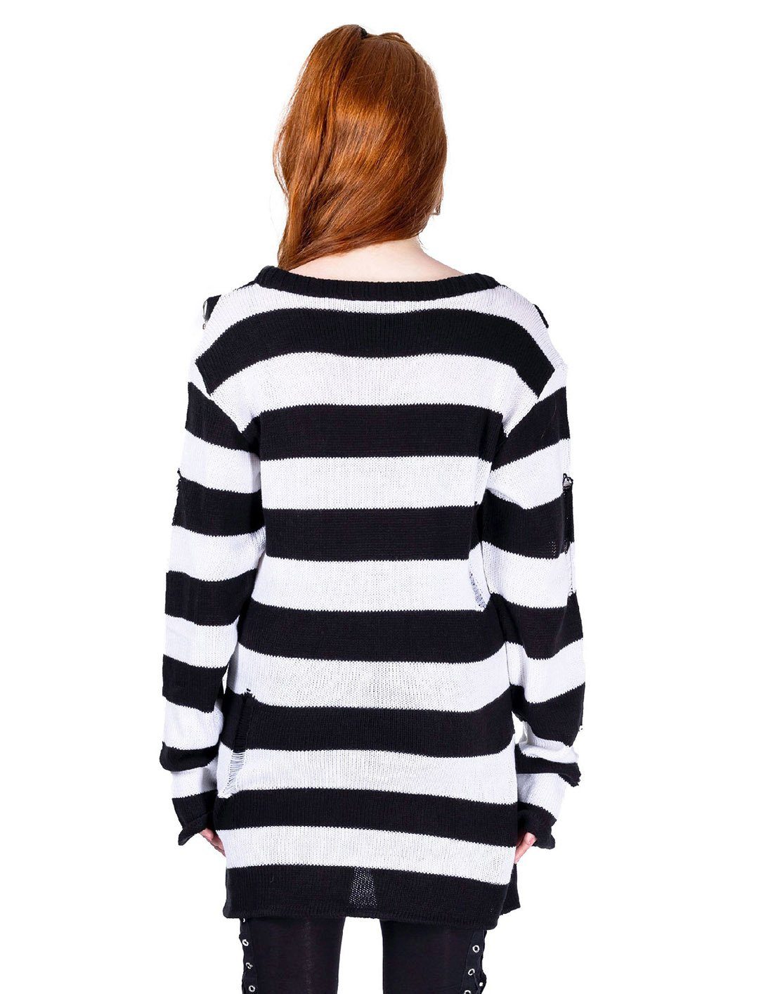 Heartless Strickpullover Oriana Strickpulli Weiß Goth Punk Gestreift Grunge Distressed