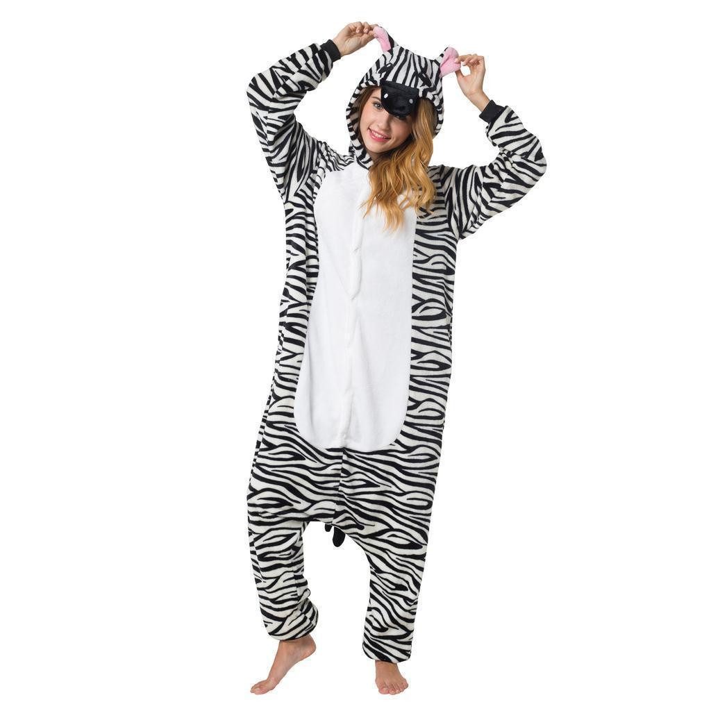 Katara Partyanzug Zoo Wilde Tiere Jumpsuit Kostüm Erwachsene S-XL, Karneval - Kostüm, Kigurumi - Zebra schwarz/weiß M (155-165cm)