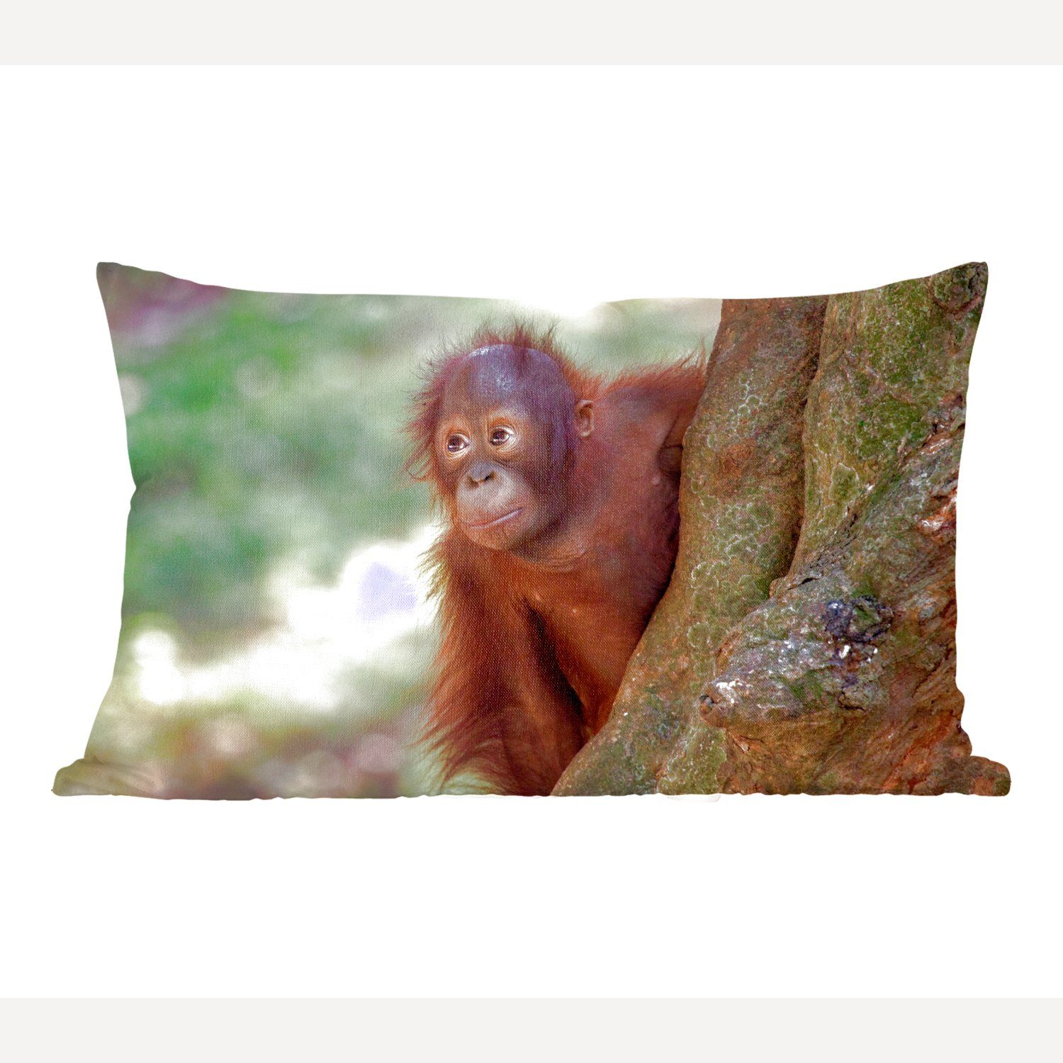 MuchoWow Dekokissen Kleiner Orang-Utan hinter einem Baum, Wohzimmer Dekoration, Zierkissen, Dekokissen mit Füllung, Schlafzimmer