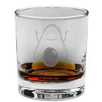 Mr. & Mrs. Panda Whiskyglas Avocado Glücklich - Transparent - Geschenk, Juhuu, Chaos, Freude, Whi, Premium Glas, Dauerhafte Gravur