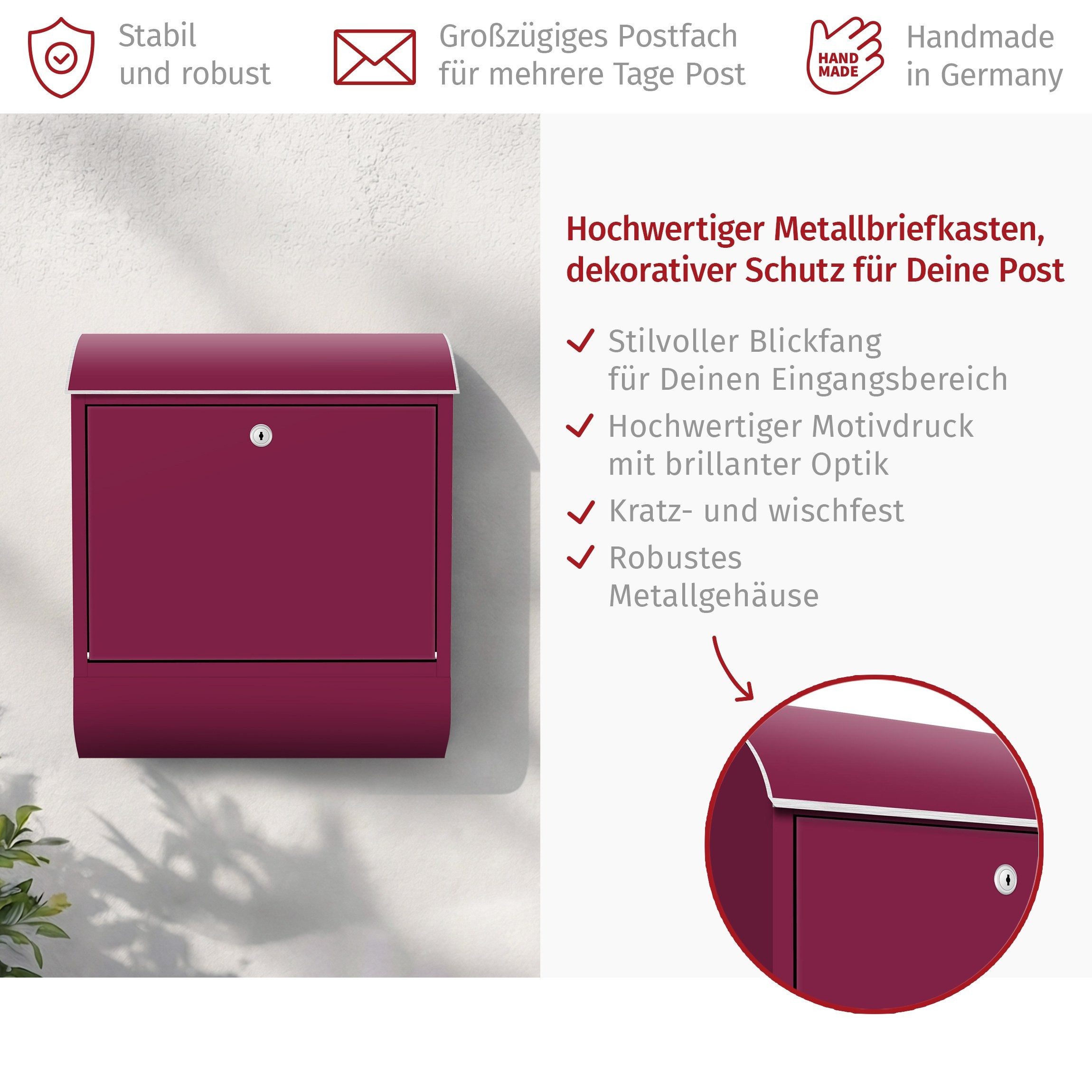 Bilderdepot24 Briefkasten Wandbriefkasten mit Zeitungsfach einfarbig Weinrot (inkl. Zeitungsrolle und 3 Schlüssel), matt, wetterfest, UV-beständig, abschließbar – Bild 2 von 4