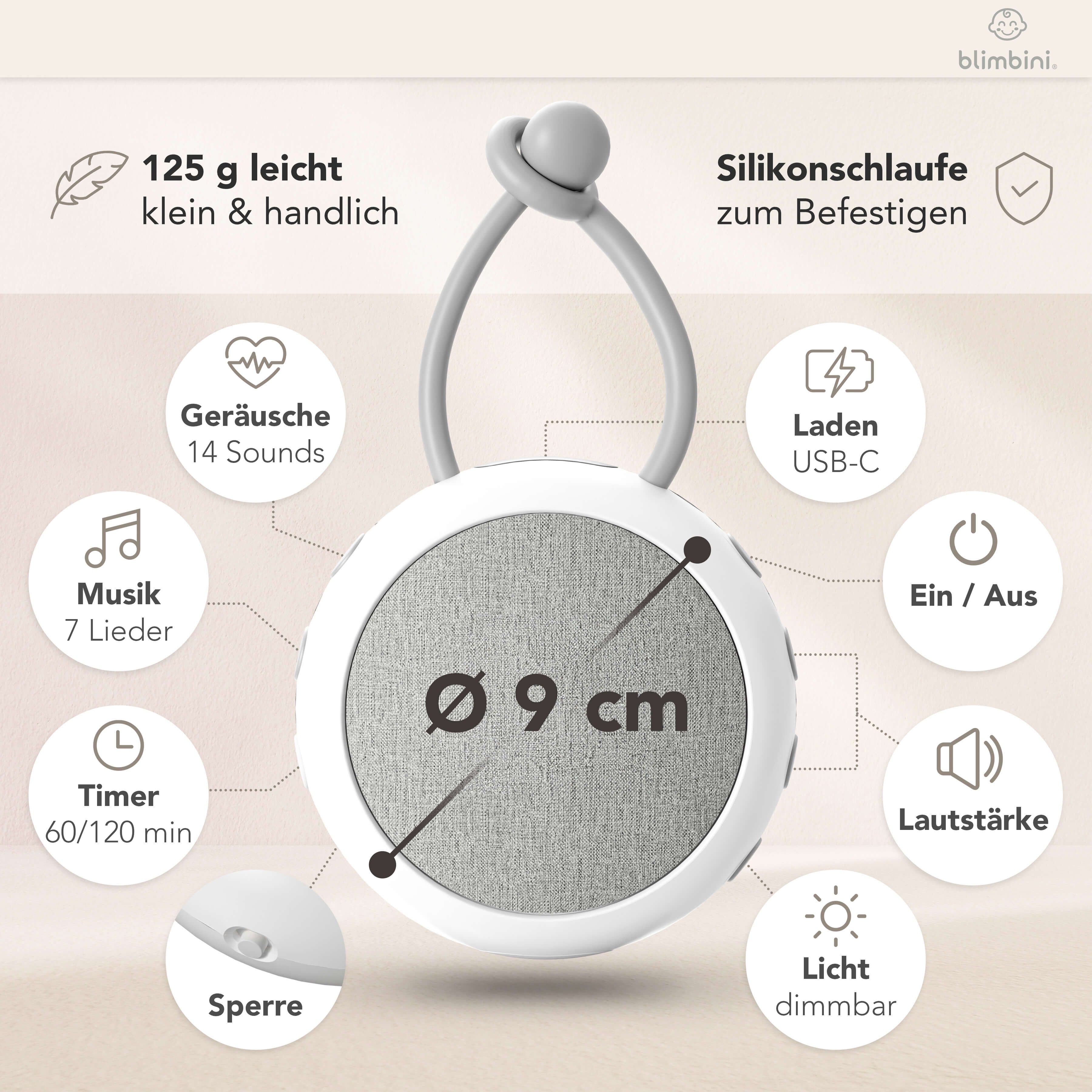 blimbini® blimbini® Einschlafhilfe, White Noise Machine für Babys & Erwachsene Einschlaf- und Durchschlafhilfe (tragbar für unterwegs, Nachtlicht, Timerfunktion, Silikonschlaufe)