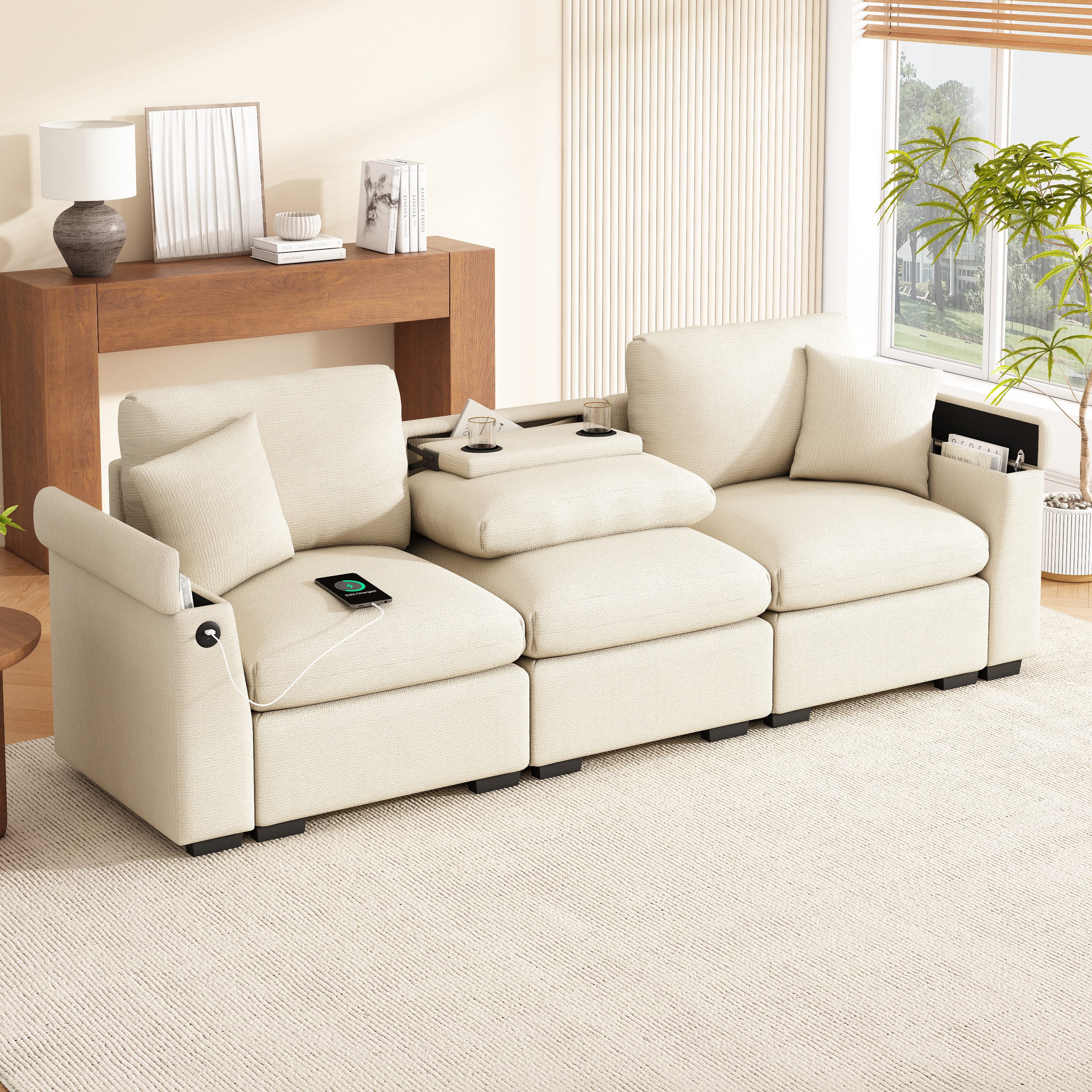 Merax 3-Sitzer Sofa aus weichem Chenille, Multifunktionssofa mit USB-Anschluss, für Wohnzimmer, Büro und Heimkino 1 Teile, XXL Sofa mit klappbarer Rückenlehne, Getränkehalter & Stauraum