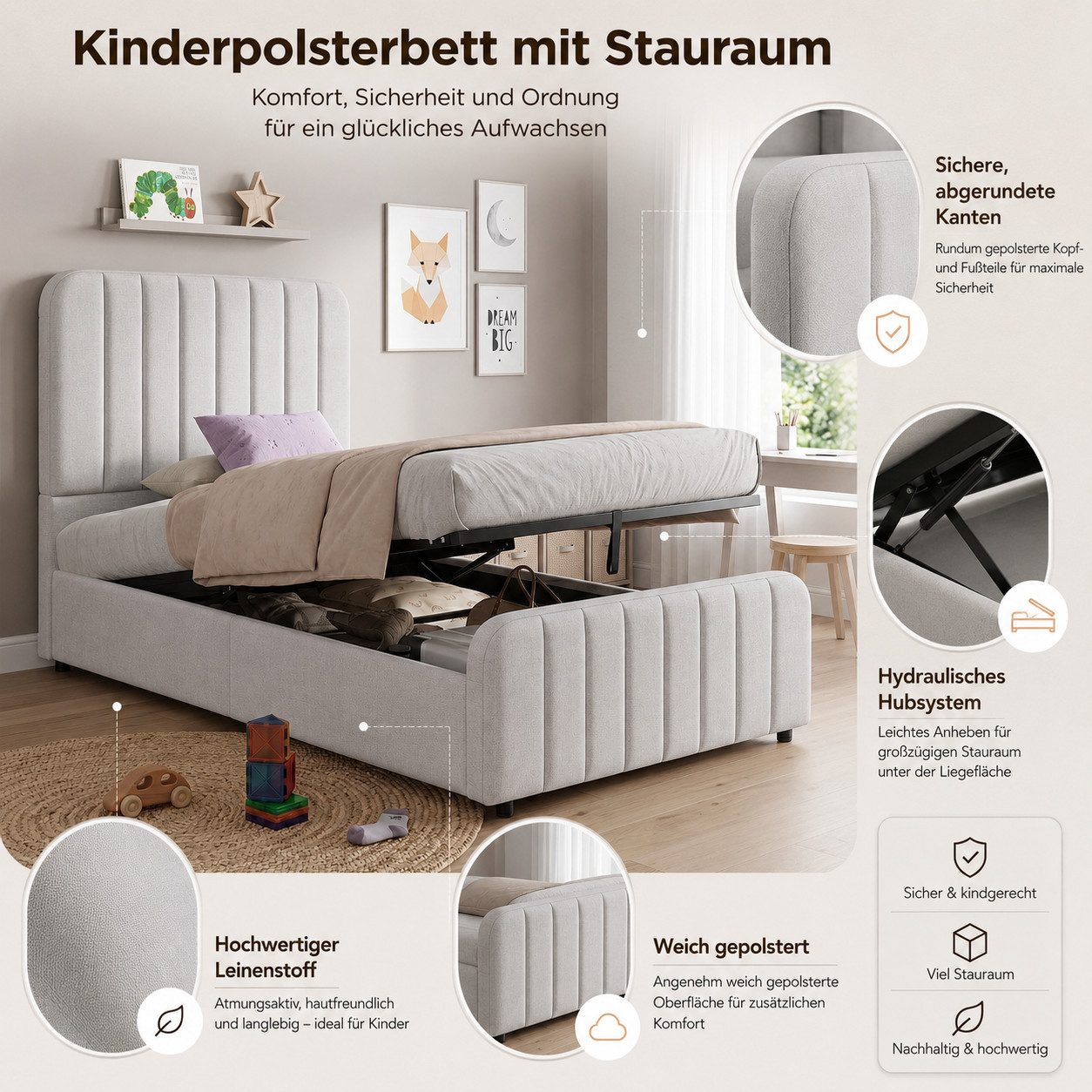 Flieks Polsterbett, Einzelbett Kinderbett 90x200cm mit hydraulischem Stauraum