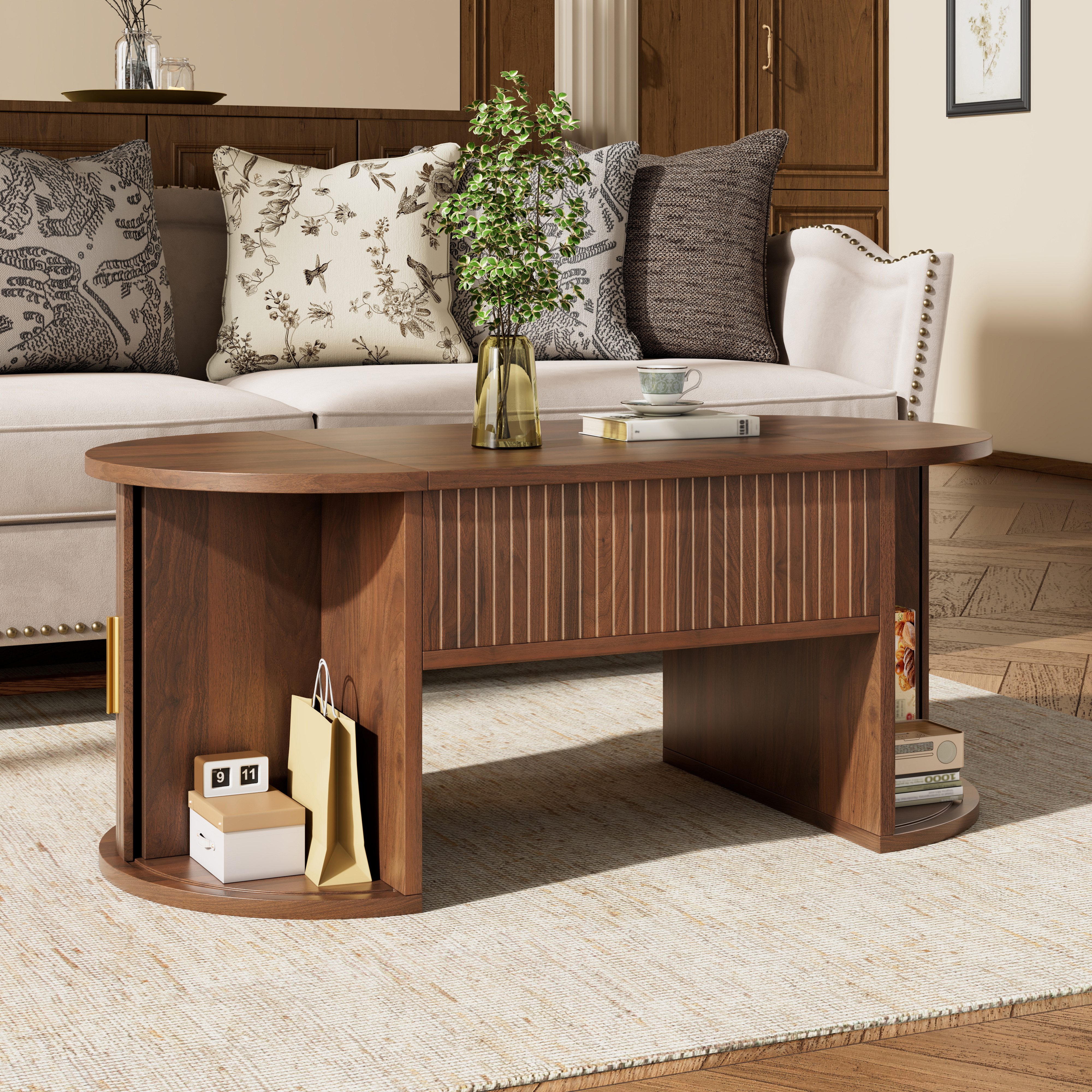 MODFU Couchtisch 100x40,5x50 cm mit Höhenverstellbarer Wohnzimmertisch (Packung, 1-St., Kombination aus offenem Regal & Schiebetür), Ideal für Homeoffice & kleine Wohnungen
