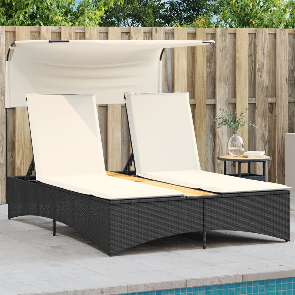 vidaXL Gartenliege Doppel-Sonnenliege mit Dach und Auflagen Schwarz Poly Rattan, 1 St.