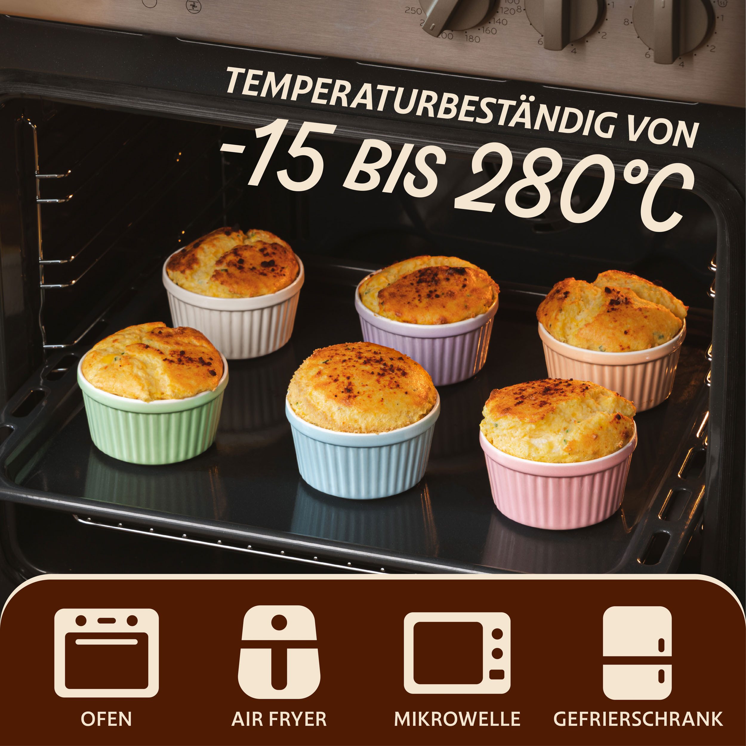 Praknu Auflaufform 6 Souffle Förmchen aus Keramik - Backofenfest - 200 ml - 9 cm, Keramik, (6-St), Kuchenform Rund - Ineinander stapelbare Auflaufförmchen mit A – Bild 4 von 5