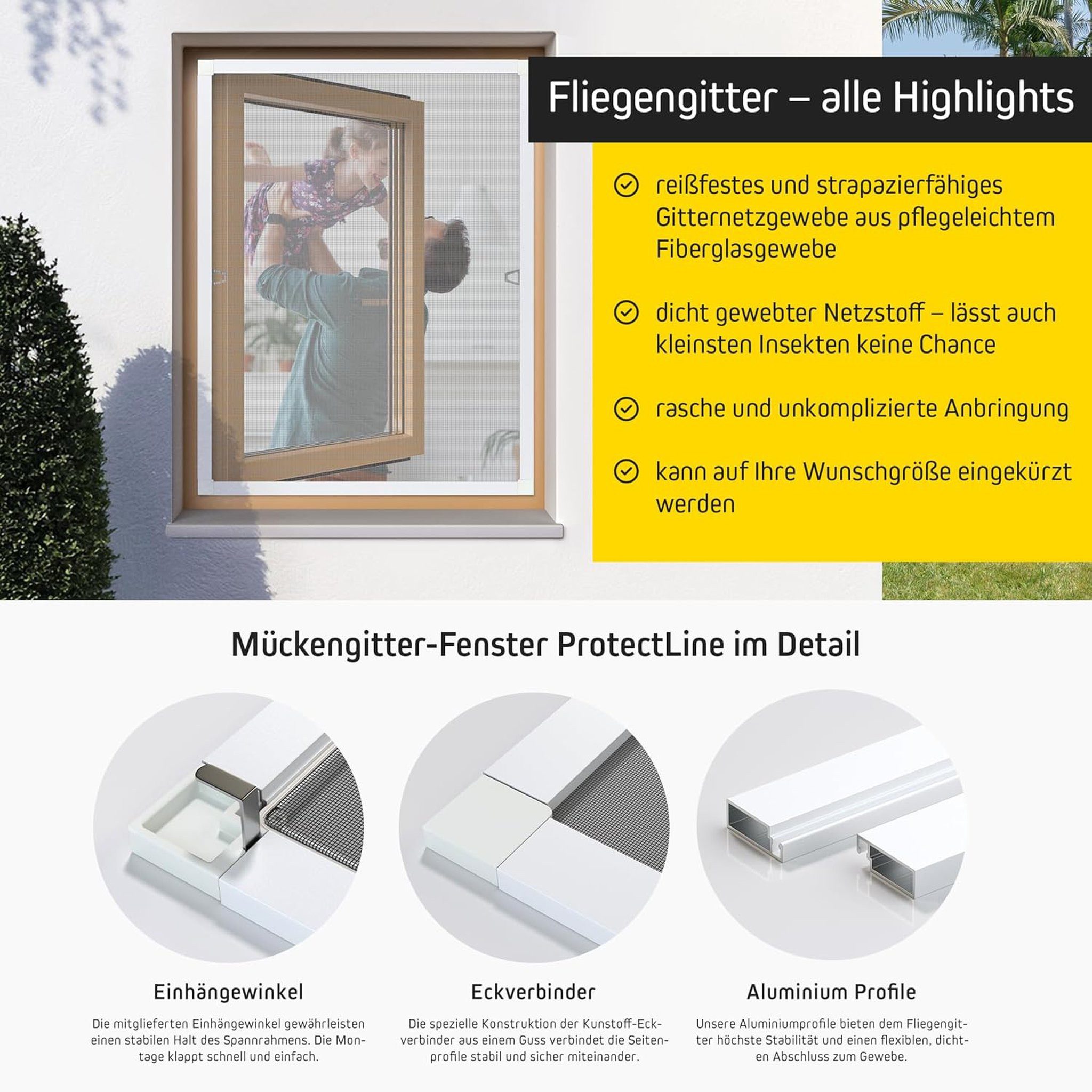 jalousiescout Insektenschutz-Fensterrahmen Fliegengitter Fenster Spannrahmen mit Alurahmen 60x80 fest Weiß, (1-St), freie Sicht, luftdurchlässig, zwei Größen, ProtectLine
