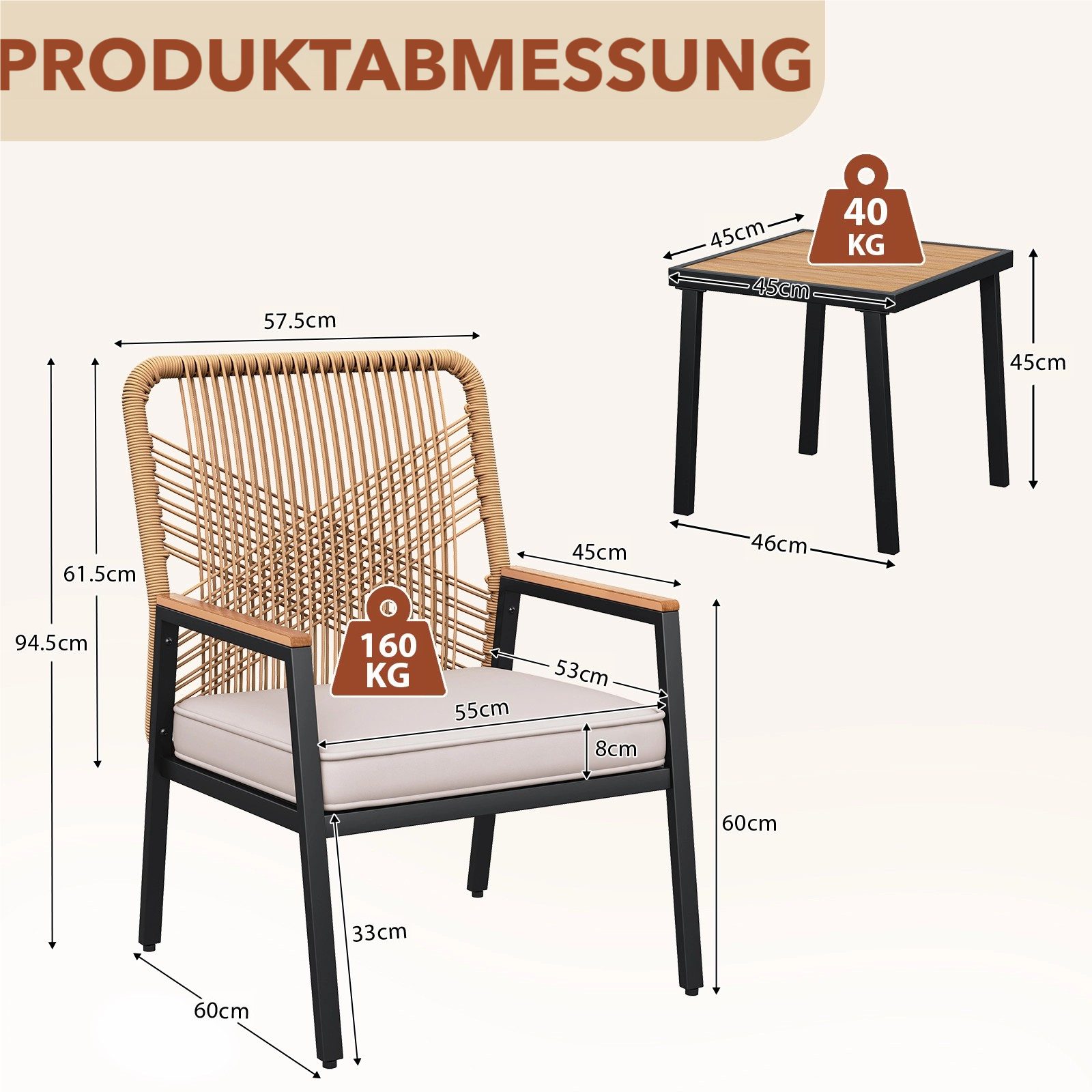 TLGREEN Gartenstuhl Eisen-Rattan Gartensessel,verbreiterter Sitz, (Gartenmöbel-Set,Zwei Stühle und ein Beistelltisch, 3 St), 160 kg Belastbar für Terrasse, Gart – Bild 3 von 5
