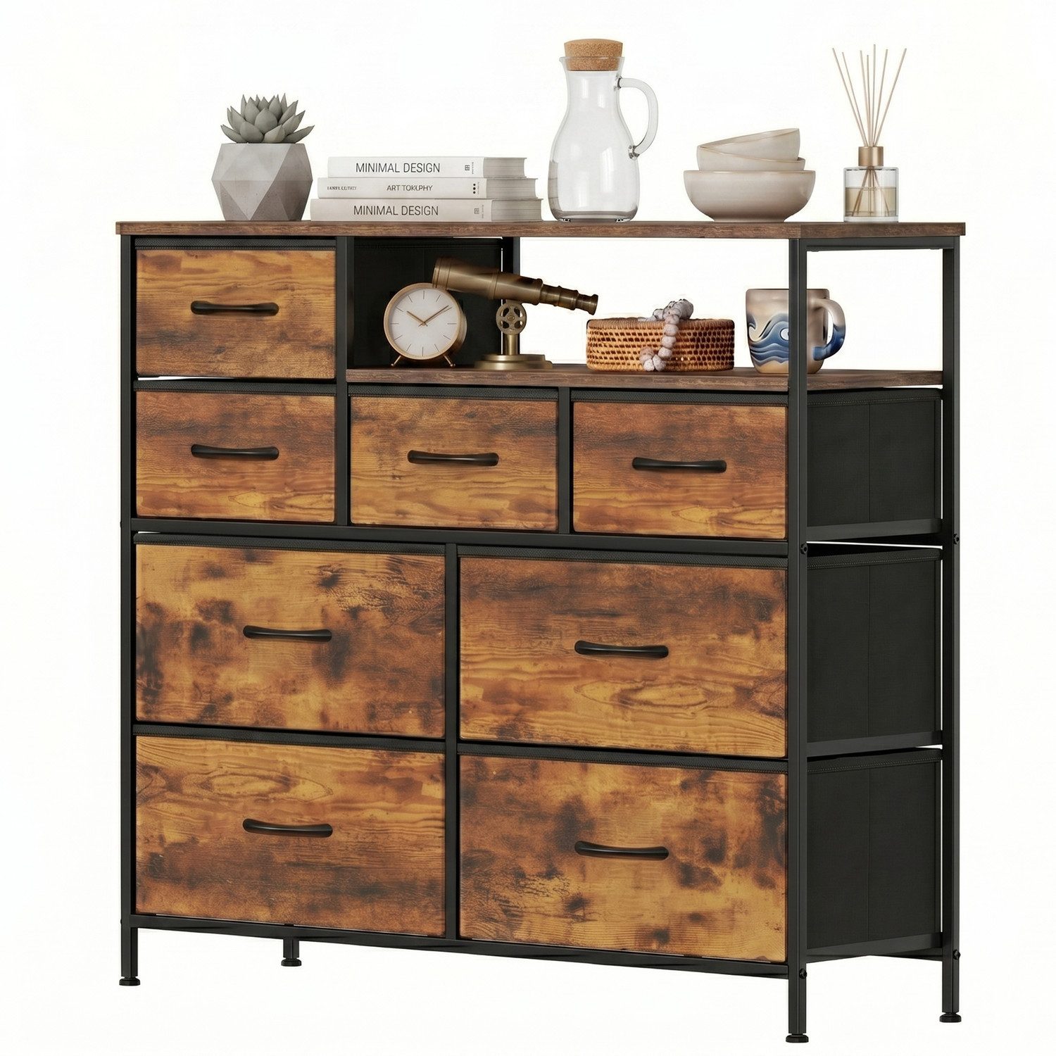 Refined Living Kommode Stoffkommode mit 6/7/8 Schubladen mit 2 offenen Ablagen Komodenschrank (Holzplatte und Metallrahmen, wasserdicht, Platzieren Dekorationen, Große Kapazität Aufbewahrungsmöbel, Sideboards, Schubkastenkommode), für Wohnzimmer, Kinderzimmer, Eingangsbereich, Flur, Schlafzimmer