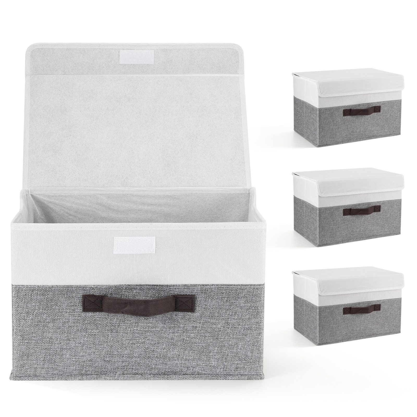 BlingBin Faltbox Faltbare Aufbewahrungsboxen mit Deckel und Griff, Stoffboxen (3er Set, 3 St., Je Box: ca. 38 x 24 x 24 cm (B x T x H), für Schlafzimmer, Kleideraufbewahrung, 38 x 24 x 24 cm, Weiß-Grau