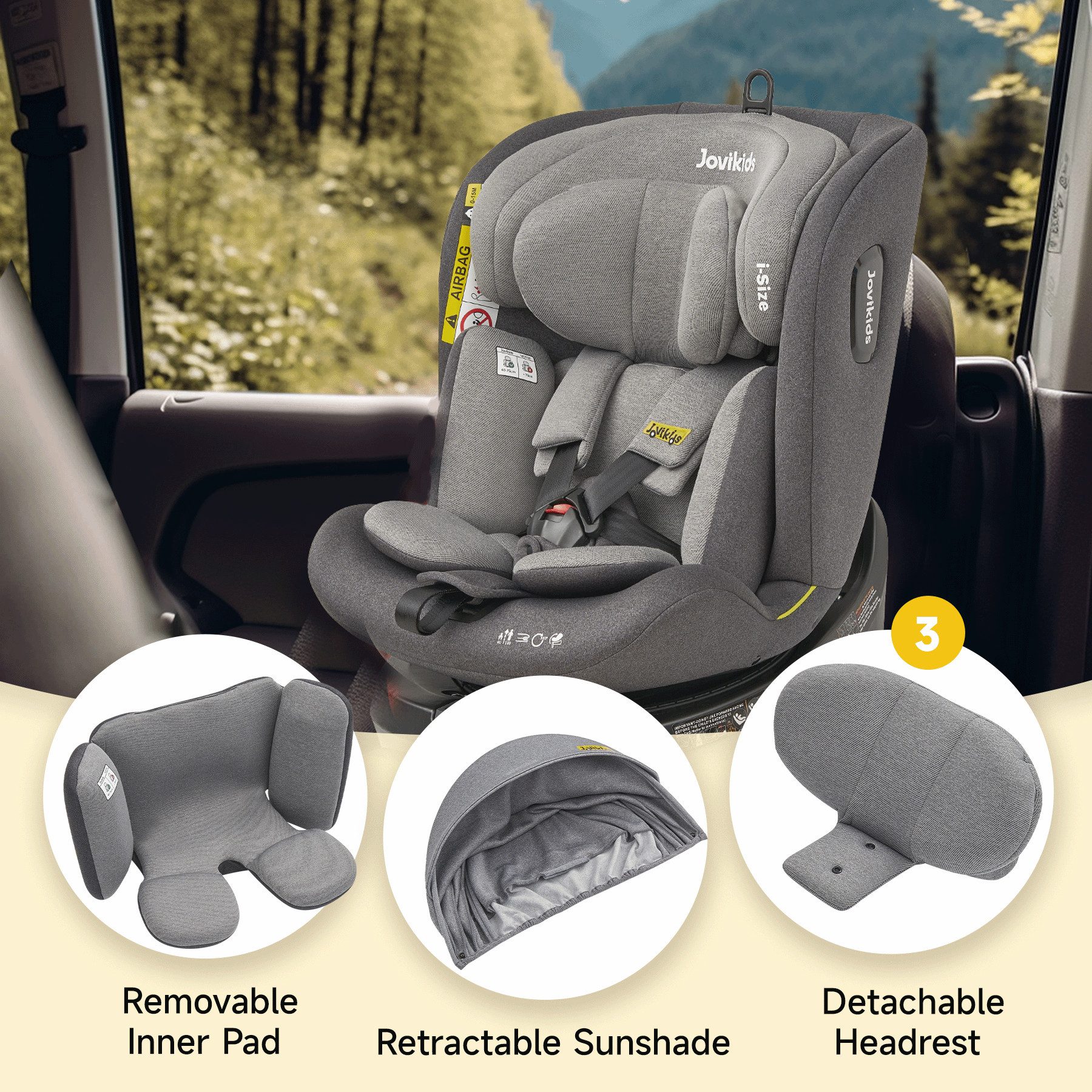 ibettertec Autokindersitz 360° Drehbar Kindersitz mit ISOFIX, i-Size(ab Geburt -12 Jahre), bis: 12, bis: 150 cm, (Baby Autositz Reboarder mit Liegefunktion), & Abnehmbar Vordach