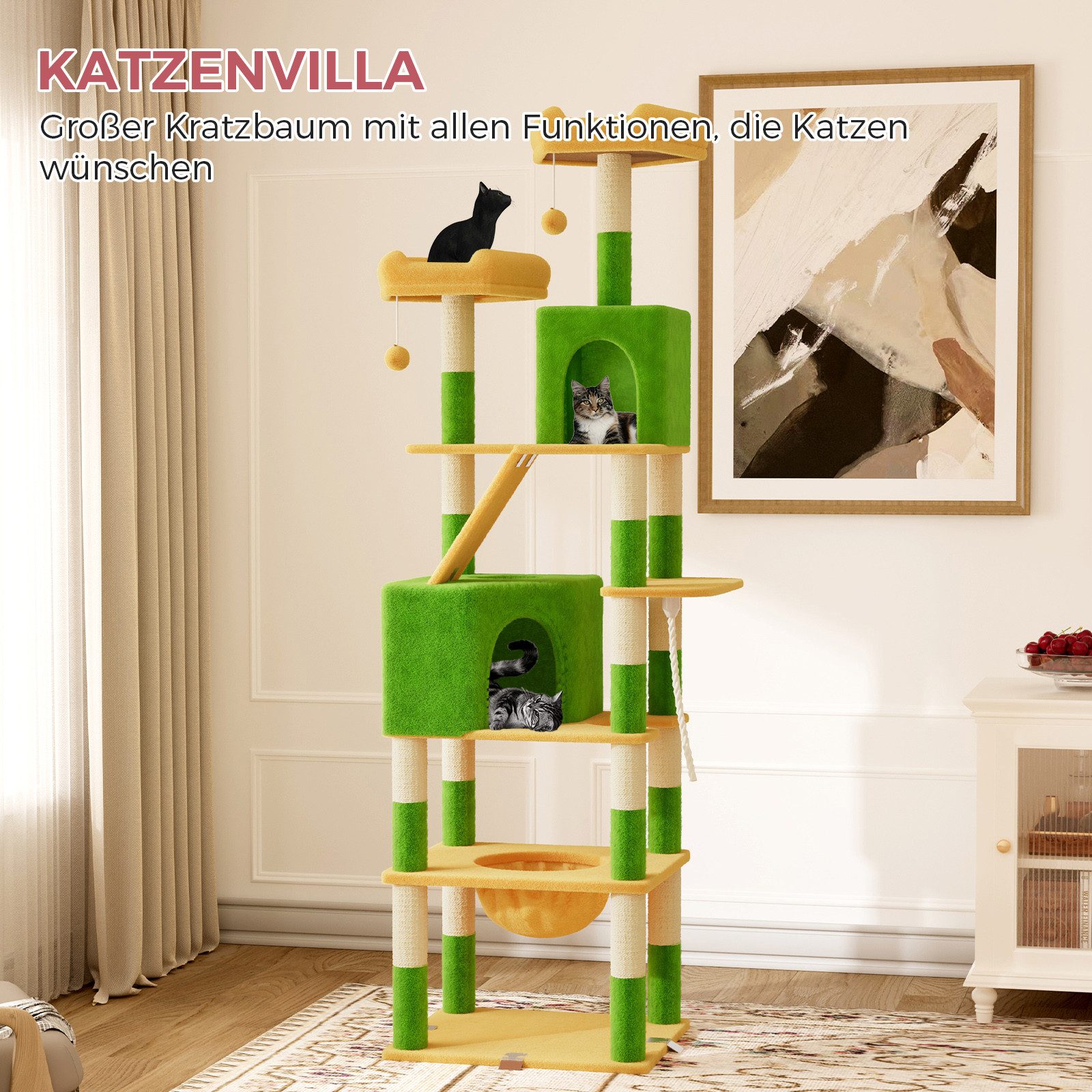 Dogat Kratzbaum Kratzbaum, Katzenbaum für große Katzen, mit Kletterturm 208cm, mehrstöckiger Katzenbaum, 208cm Höhe, XXL, mit Höhlen und Liegemulden