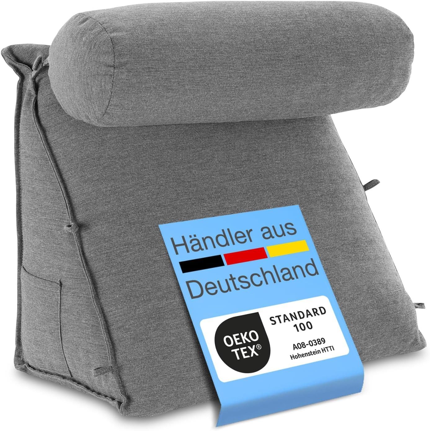 ELONEO Rückenkissen mit Nackenrolle für Bett & Sofa, 55x50x30cm, waschbarer Bezug