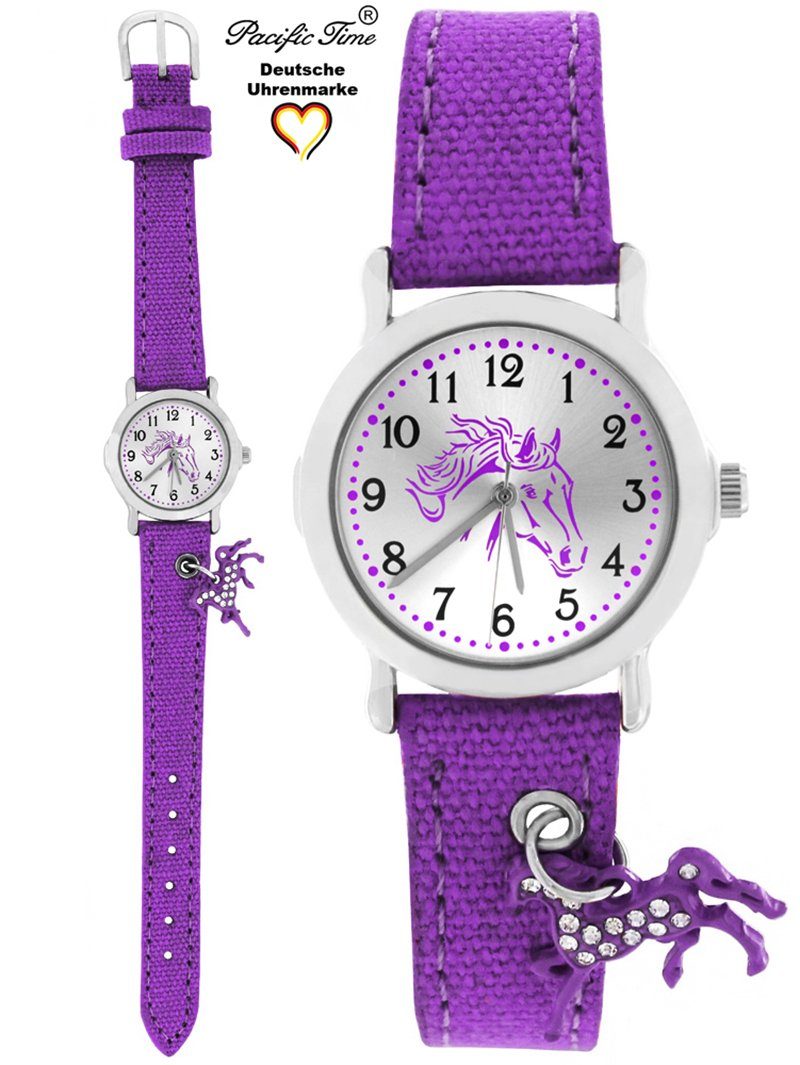 Pacific Time Quarzuhr Kinder Armbanduhr mit Pferdeanhänger Stoffarmband, Gratis Versand violett