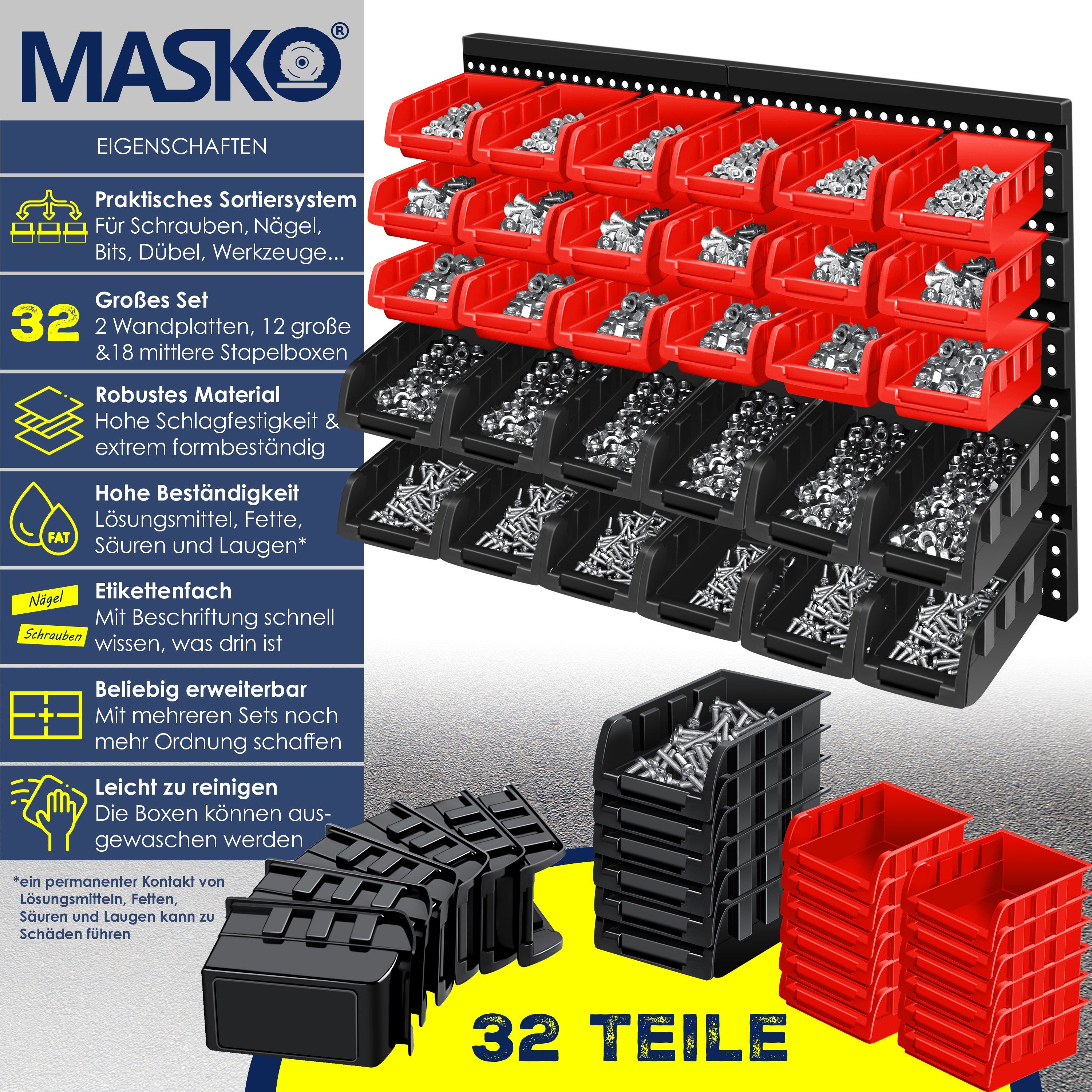 MASKO Stapelbox, Stapelboxen Wandregal 32tlg Box Sichtlagerkästen Schüttenregal