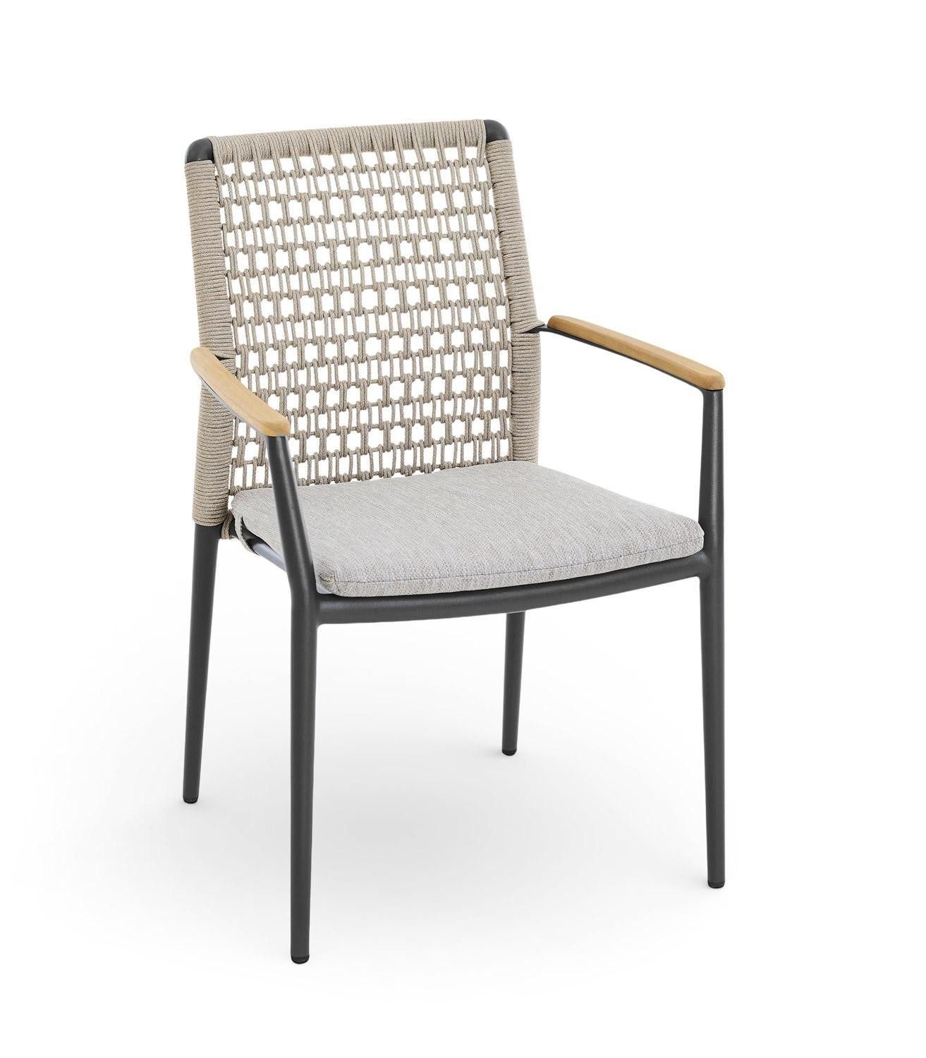 MONDO Gartenstuhl LATEA, Anthrazit, Braun, Taupe, Aluminium, (1 St), Seilbespannung, Teakholz, mit Kissen, B 62 x H 84 x T 56,5 cm