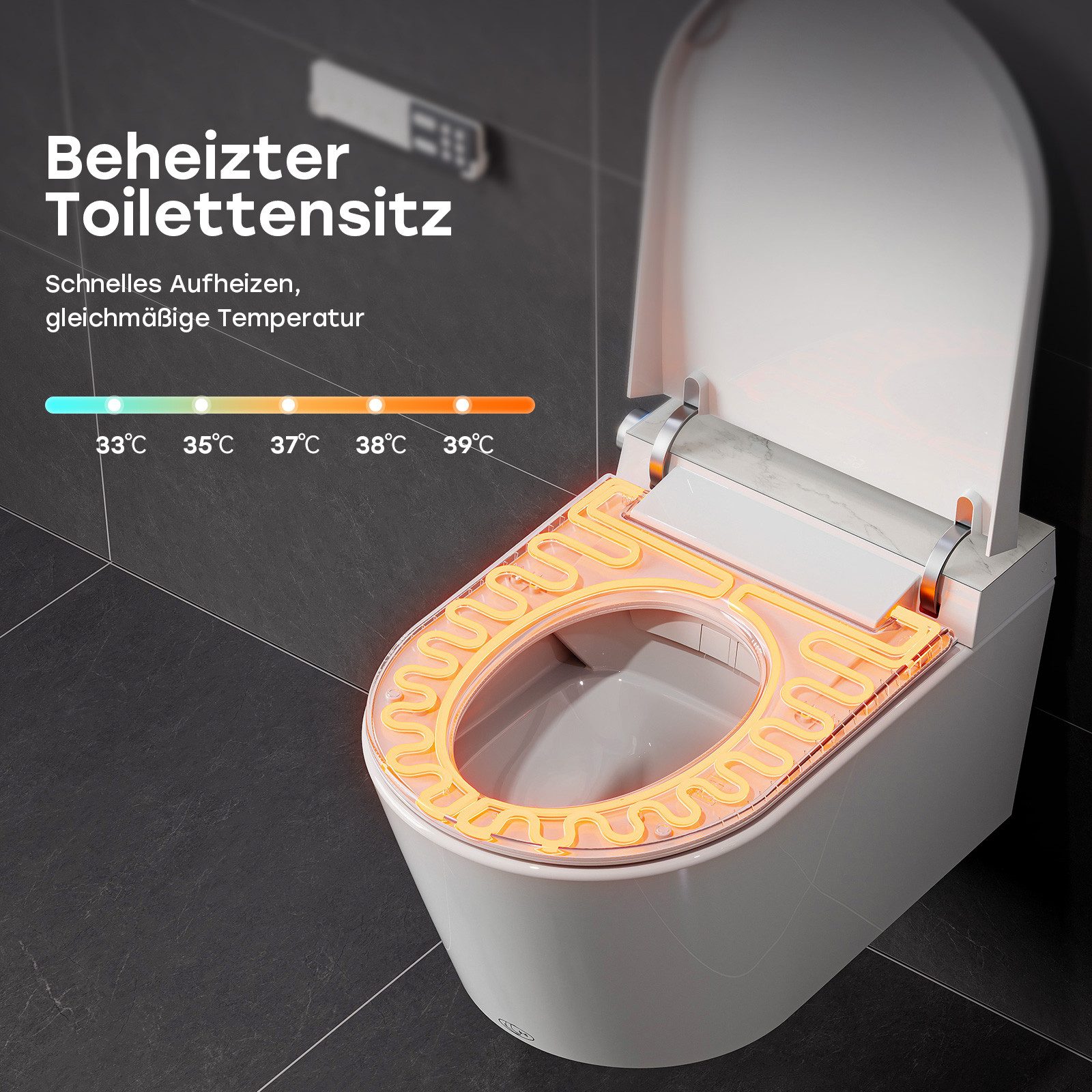 HOROW Dusch-WC Intelligente WC mit Bidet Funktion, Wand-WC, Japanische spülrandlos WC, Wand WC, Abgang waagerecht, mit Warmwasser, Beheizter Sitz, Instellbarem  – Bild 4 von 5