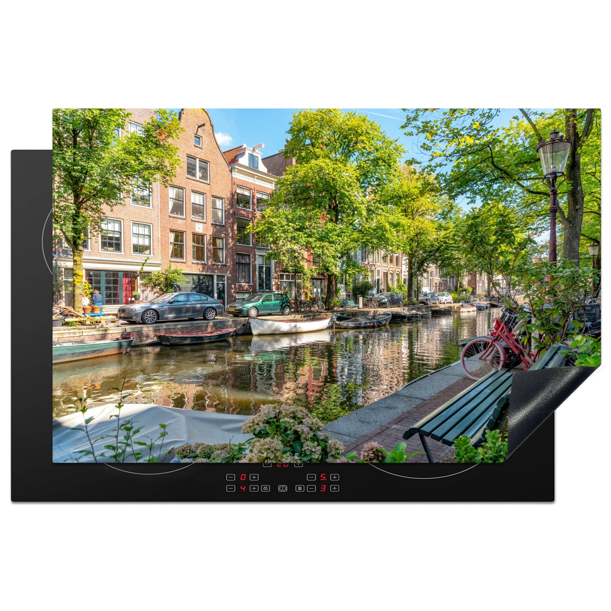 MuchoWow Herdblende-/Abdeckplatte Grüne Natur entlang der Prinsengracht in Amsterdam, Vinyl, (1 tlg), 81x52 cm, Induktionskochfeld Schutz für die küche, Ceranfeldabdeckung