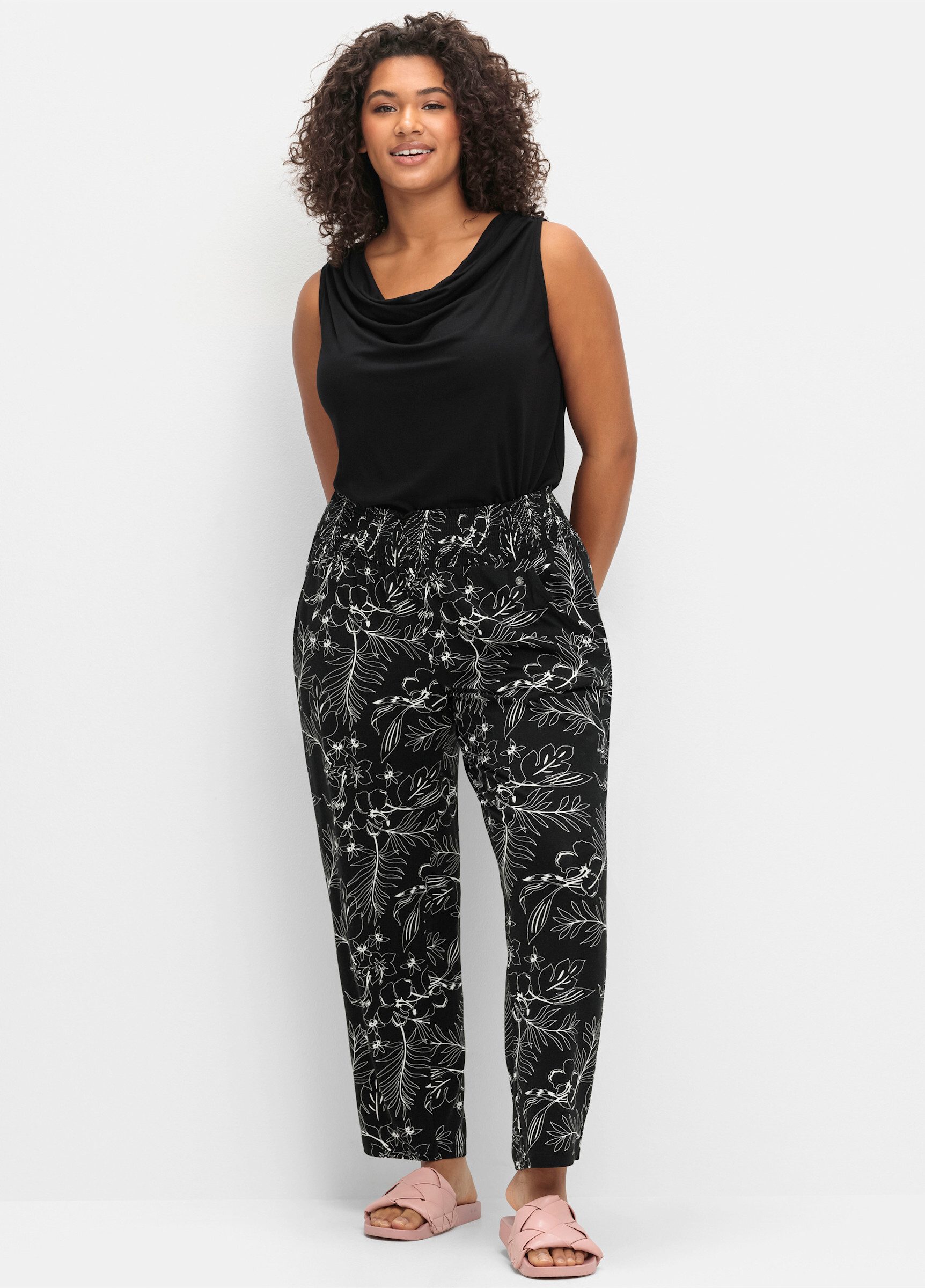 Sheego Jerseyhose Schlupfhose . mit breitem Smokbund und Blumendruck günstig online kaufen