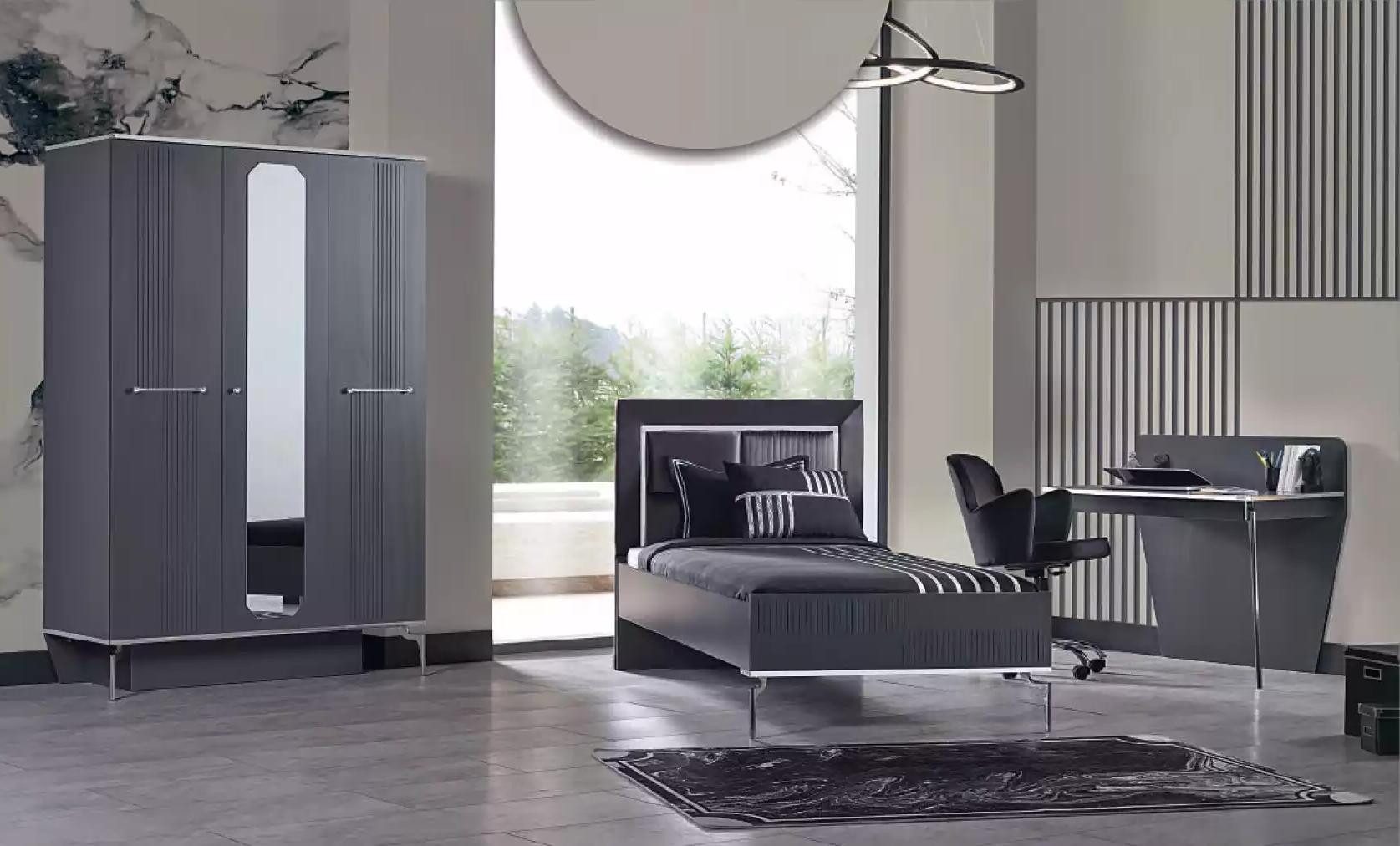 Xlmoebel Jugendzimmer-Set Grau gestaltetes Jugendzimmer mit Bett, Schrank und Schreibtisch, (3tlg. Schlafzimmer Set(Kinderbett+Kleiderschrank+Schreibtisch), Hergestellt in Europa