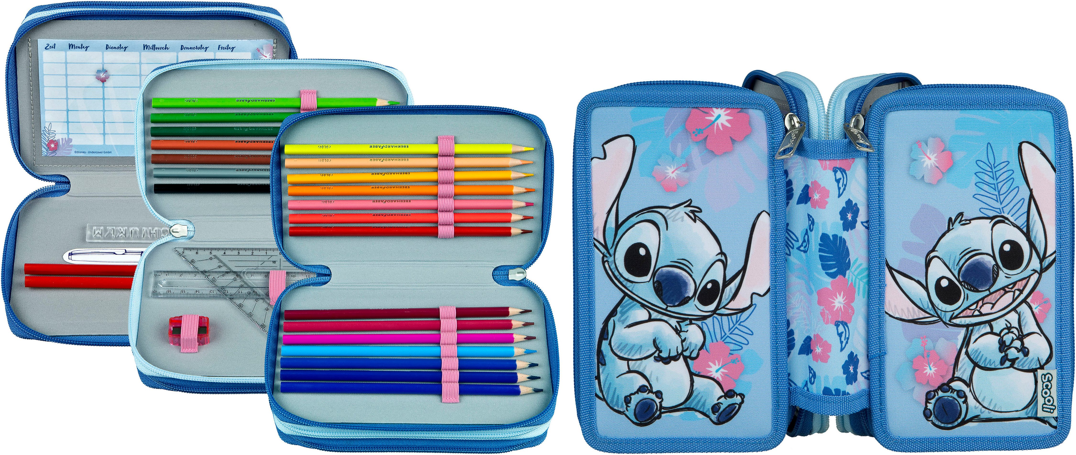 Scooli Federmäppchen Tripledecker, Lilo & Stich, befüllt, inklusive Geodreieck