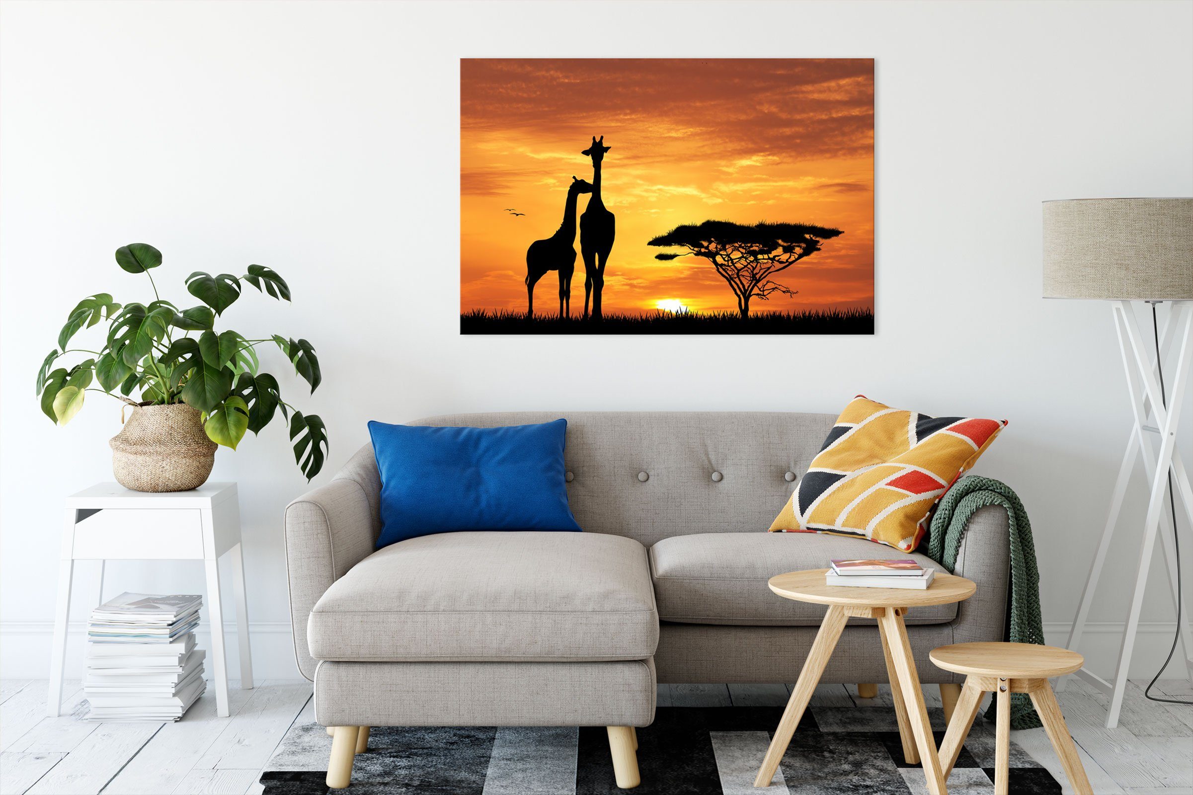 Pixxprint Sonnenuntergang Leinwandbild St), Sonnenuntergang, (1 inkl. fertig bespannt, Zackenaufhänger im Giraffen Giraffen im Leinwandbild