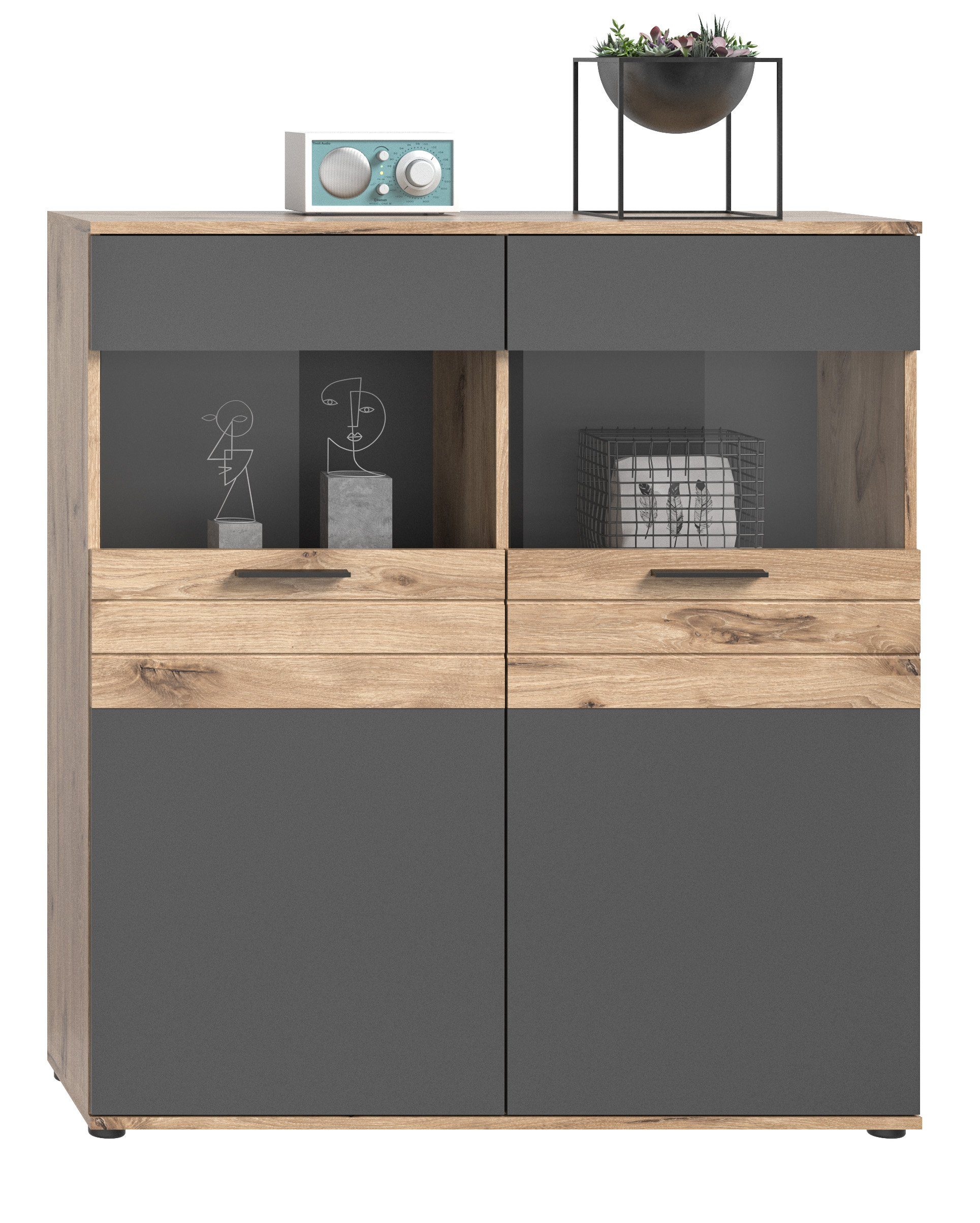 möbelando Vitrine Vitrine >Mason< (BxHxT) - oak/basalt nox 110x122x37cm in grau