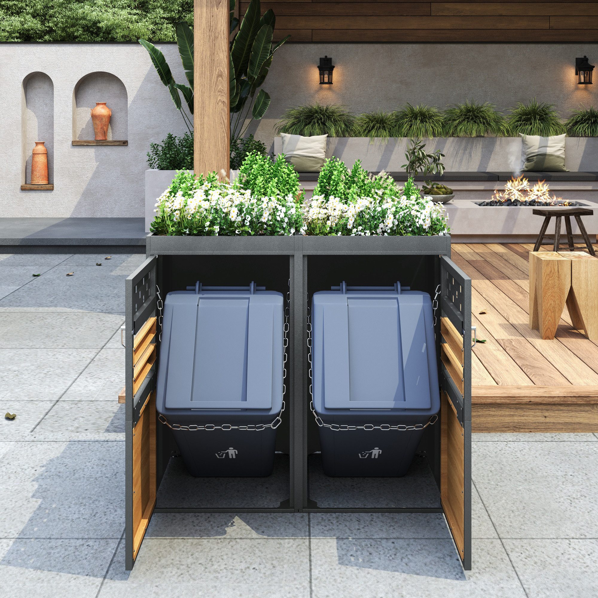 CHICFURN Mülltonnenbox mit Pflanzdach, 120-240 Liter verzinkter Stahl (Set, 2 St., Anthrazit Tür in Holzoptik inkl. Erweiterungsmöglichkeit), Müllbox (Das Produkt enthält keinen eingebauten Mülleimer)