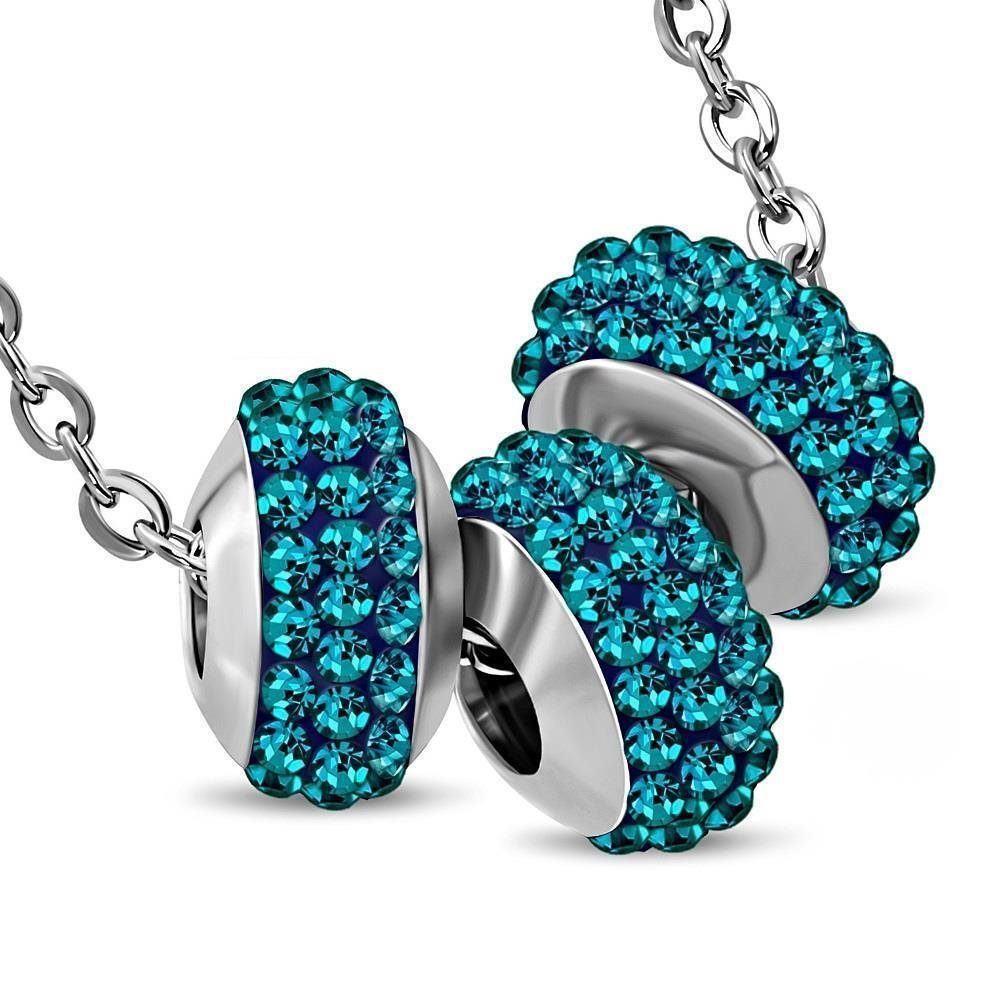 BUNGSA Ketten-Set Kette 3 blaue Kristallbeads Silber aus Edelstahl Unisex (1-tlg), Halskette Necklace