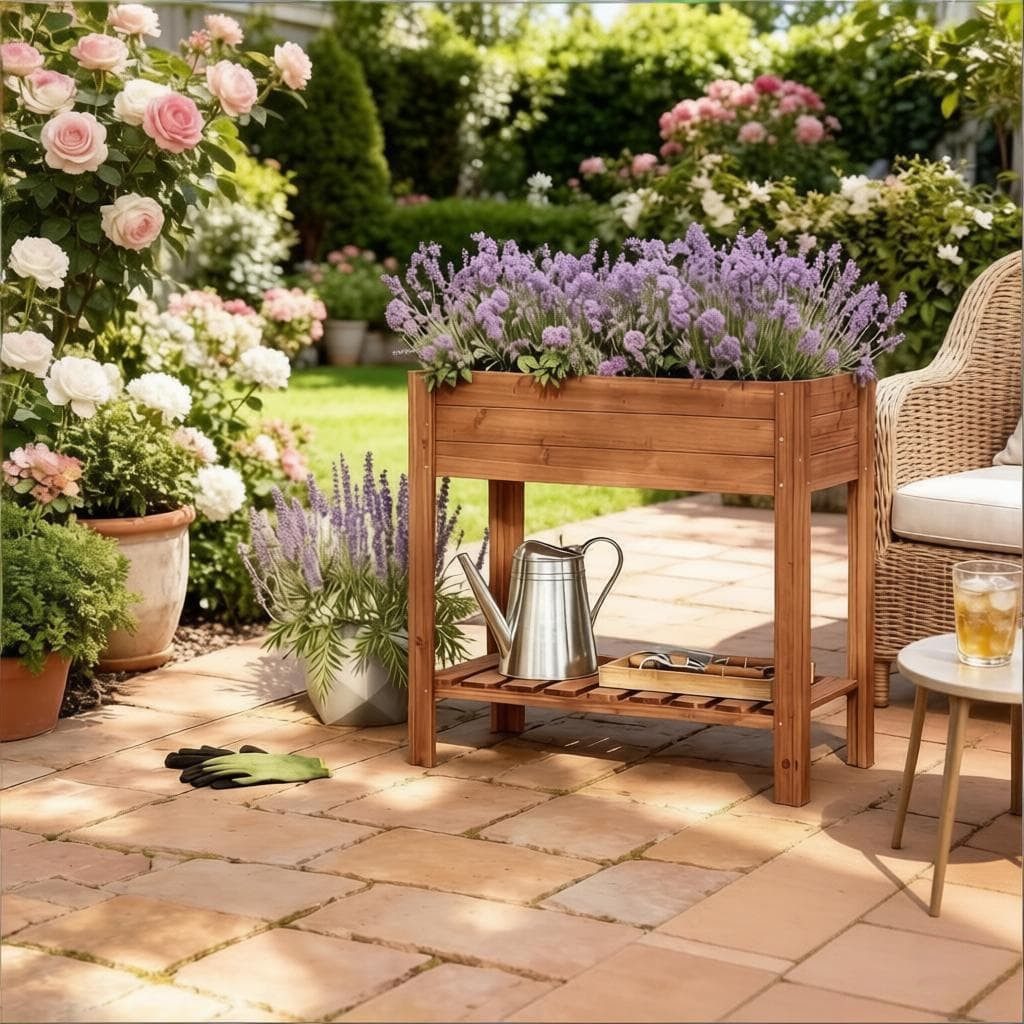 ANYSUN Hochbeet Kräuterbeet Pflanzkasten mit Ablageregal, wetterfestes Holz (Komplettes Pflanzkasten, Hochbeet mit Ablageregal), ergonomische Höhe, elegantes Design,Balkon,Terrasse & Garten
