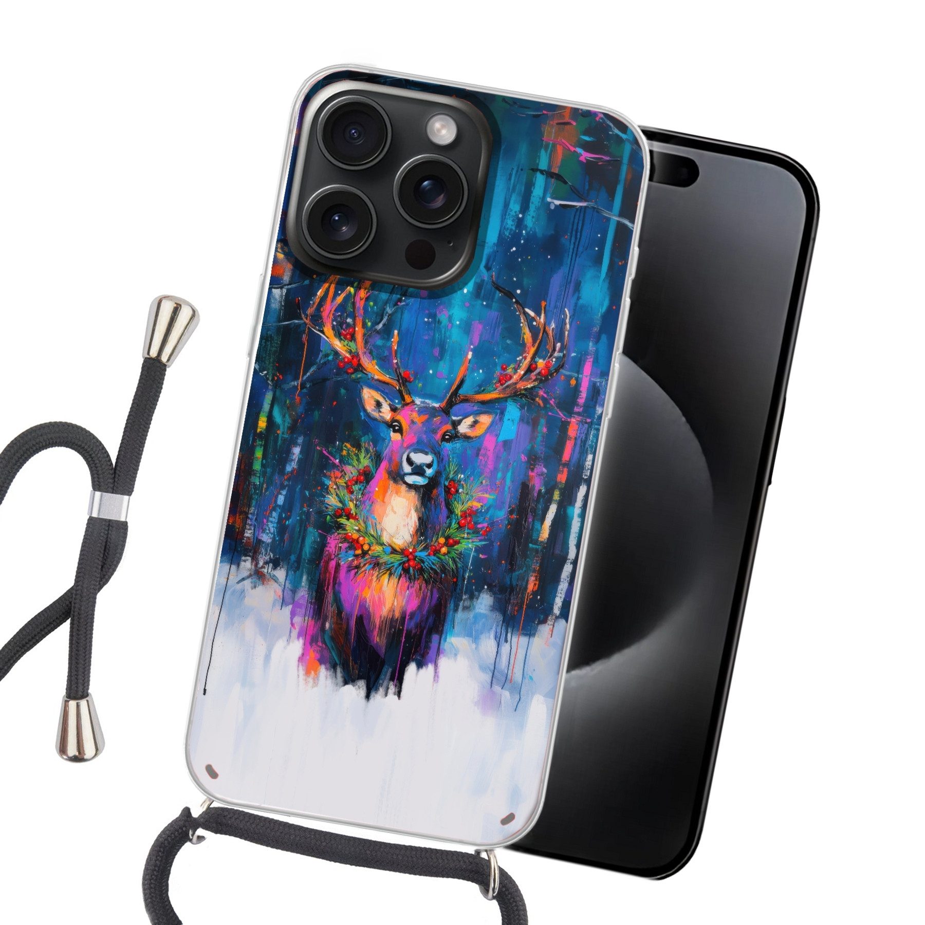 MuchoWow Handyhülle für Apple iPhone 15 Pro Max Rentier - Kranz - Märchenhaft - Blau, Tragbare Handyhüllen mit Kette zum umhängen, Handykette Handyband