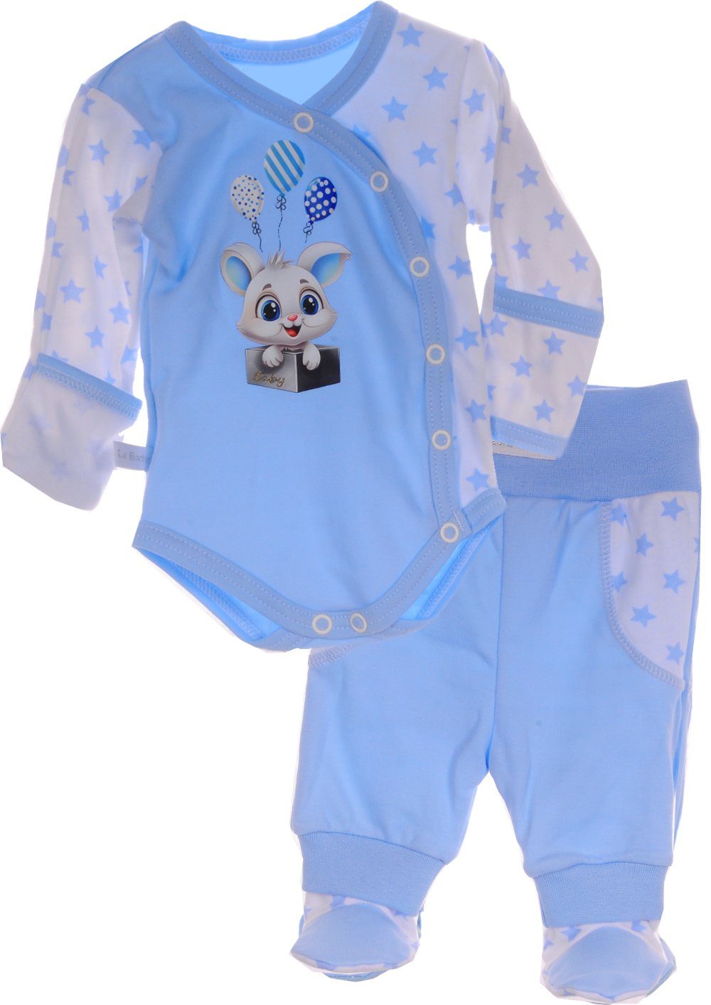 La Bortini Wickelbody Body mit Kratzschutz und Hose Baby Anzug Set in Blau mit Hasen aus reiner Baumwolle, 44 50 56 62 68 74 80 86