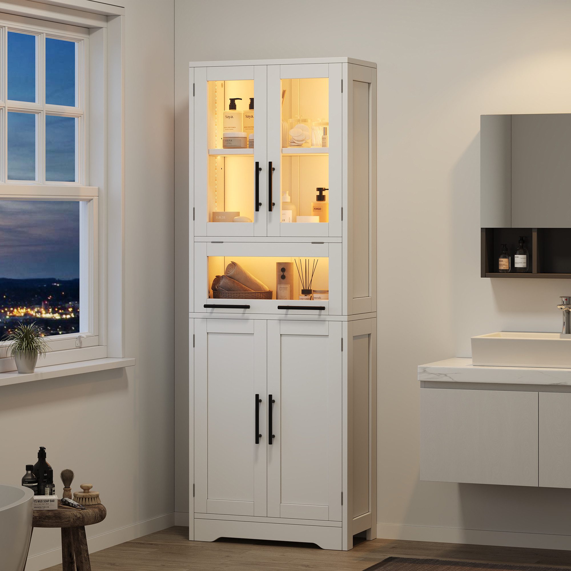 REDOM Hochschrank Badezimmerschrank (für das Badezimmer mit per App steuerbarem LED-Lichtstreifen, Glastüren, verstellbaren Einlegeböden im nordisch-minimalistischen Stil, weiß, 1-St., 60×30×170cm)