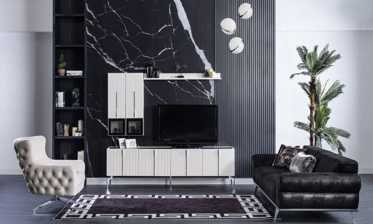 Casa Padrino TV-Schrank Luxus Art Wohnzimmer - mit Möbel 208 / Weiß x 44 Schrank TV cm / Fernsehschrank Art Edler H. 4 Schwarz x Deco Türen Silber - 64 Deco