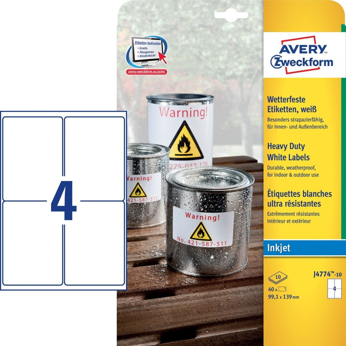 Avery Zweckform Etiketten Wetterfeste Folien-Etiketten 139,2x99,1 mm wetterfest 10 Blatt/40 Etik