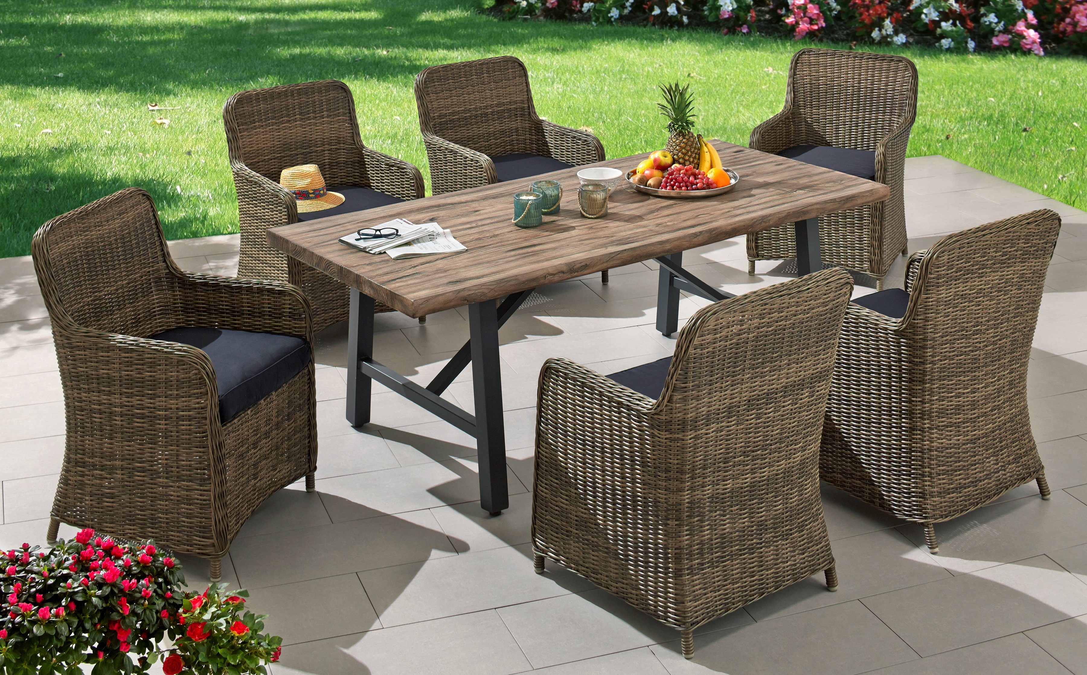 gartenmoebelset kanada 6 sessel tisch 200x93 cm polyrattan inkl auflagen braun braun
