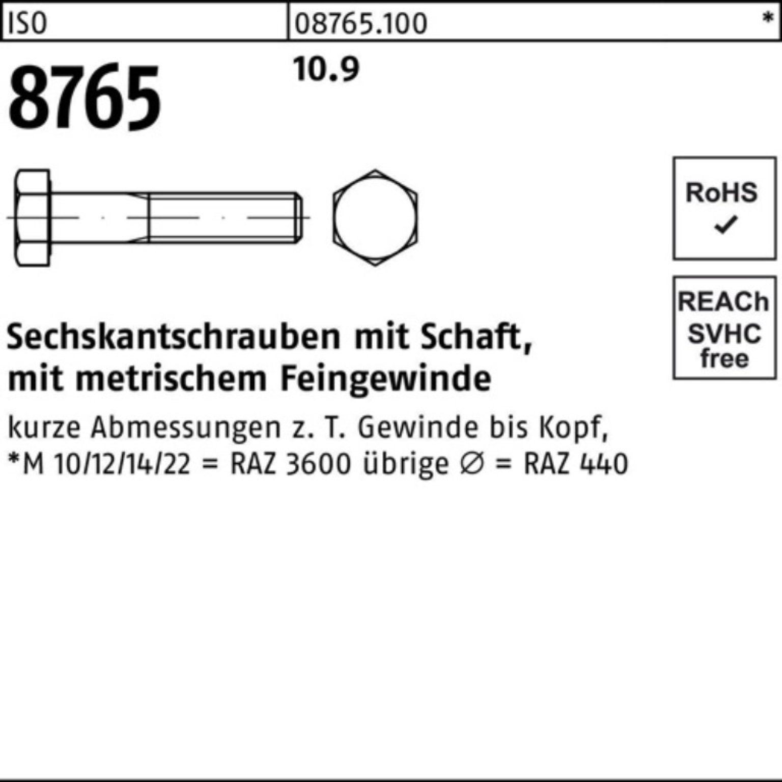 Stü 100 Sechskantschraube Schaft ISO 100er Sechskantschraube Pack M12x1,5x 10.9 Reyher 40 8765