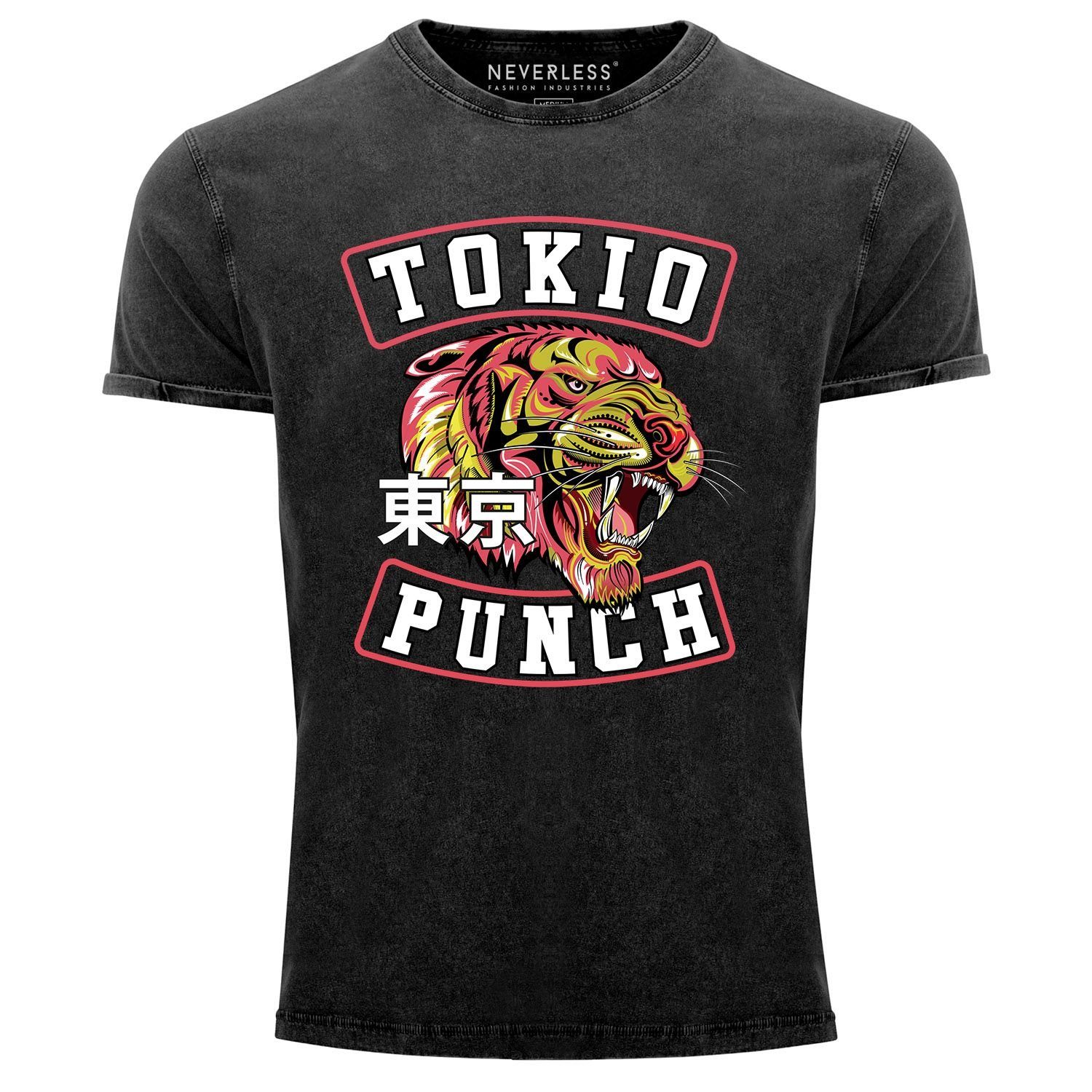 Neverless Print-Shirt Neverless® Herren T-Shirt Vintage Shirt Printshirt Tokio Punch Schriftzug Tigerkopf Print Tattoo Style Used Look Slim Fit mit Print