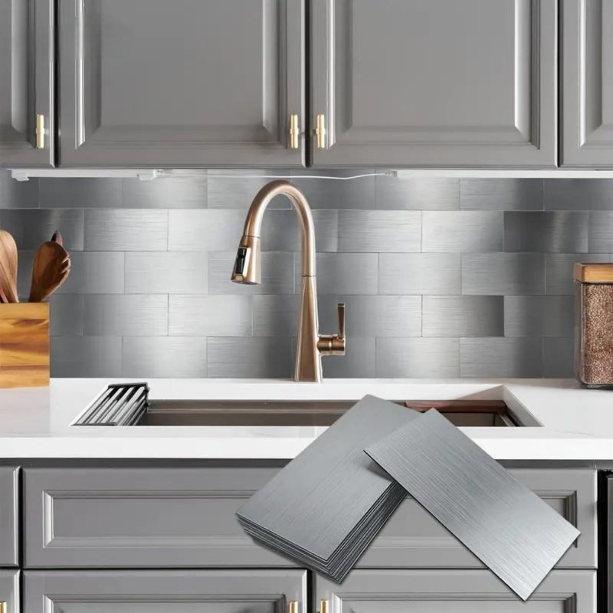 Coonoor Küchenrückwand 10x Fliesenaufkleber Metall Silber Selbstklebende Fliesen Klebefliesen, (10-tlg), für Küchenrückwand - Wandpaneele Küche Wanddeko Schlafzimmer