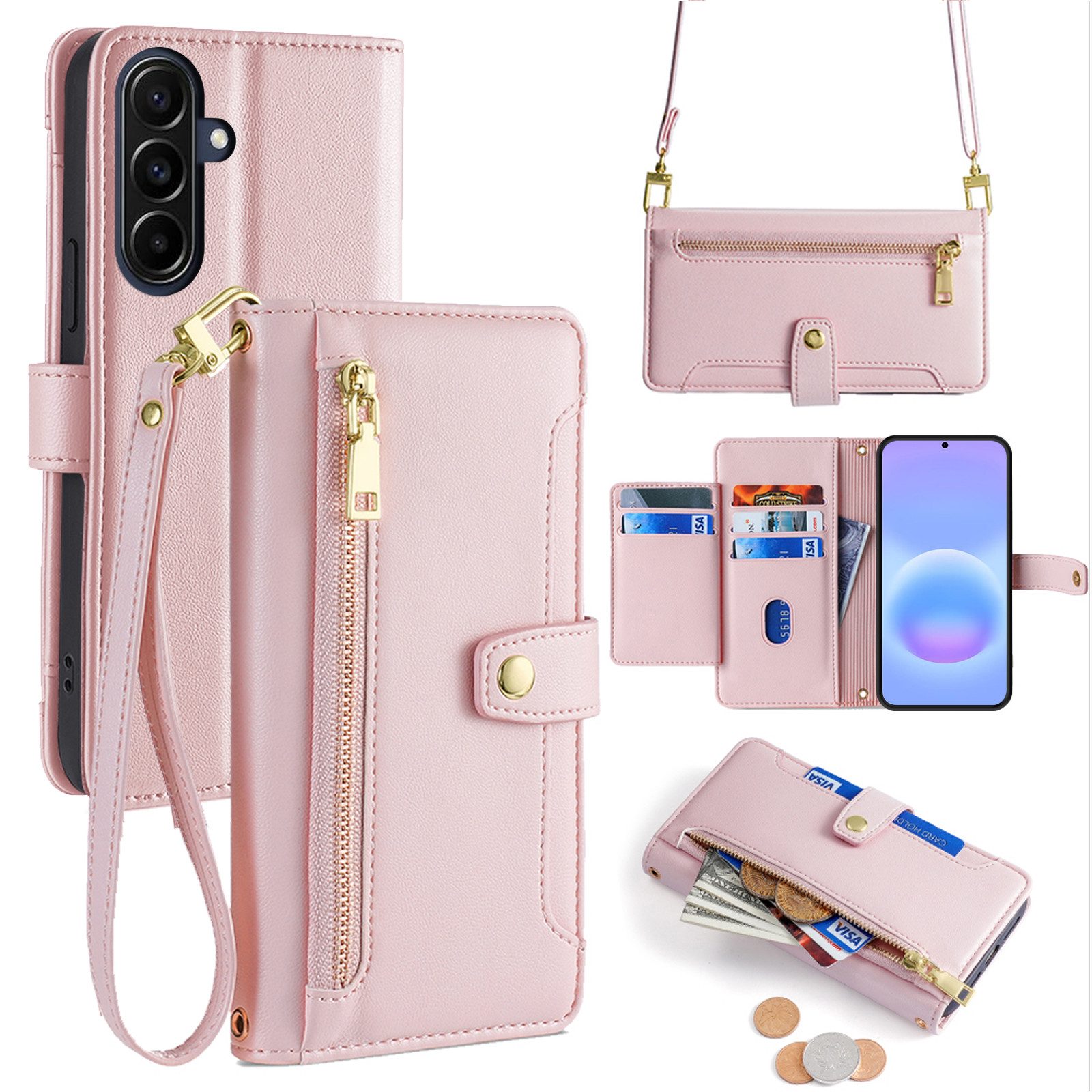 betterfon Handykette für Samsung Galaxy Leder Umhänge Hülle mit Kartenfächer, 5 Kartenfächer + verstellbare Kette & Standfunktion mit TPU-Schutz