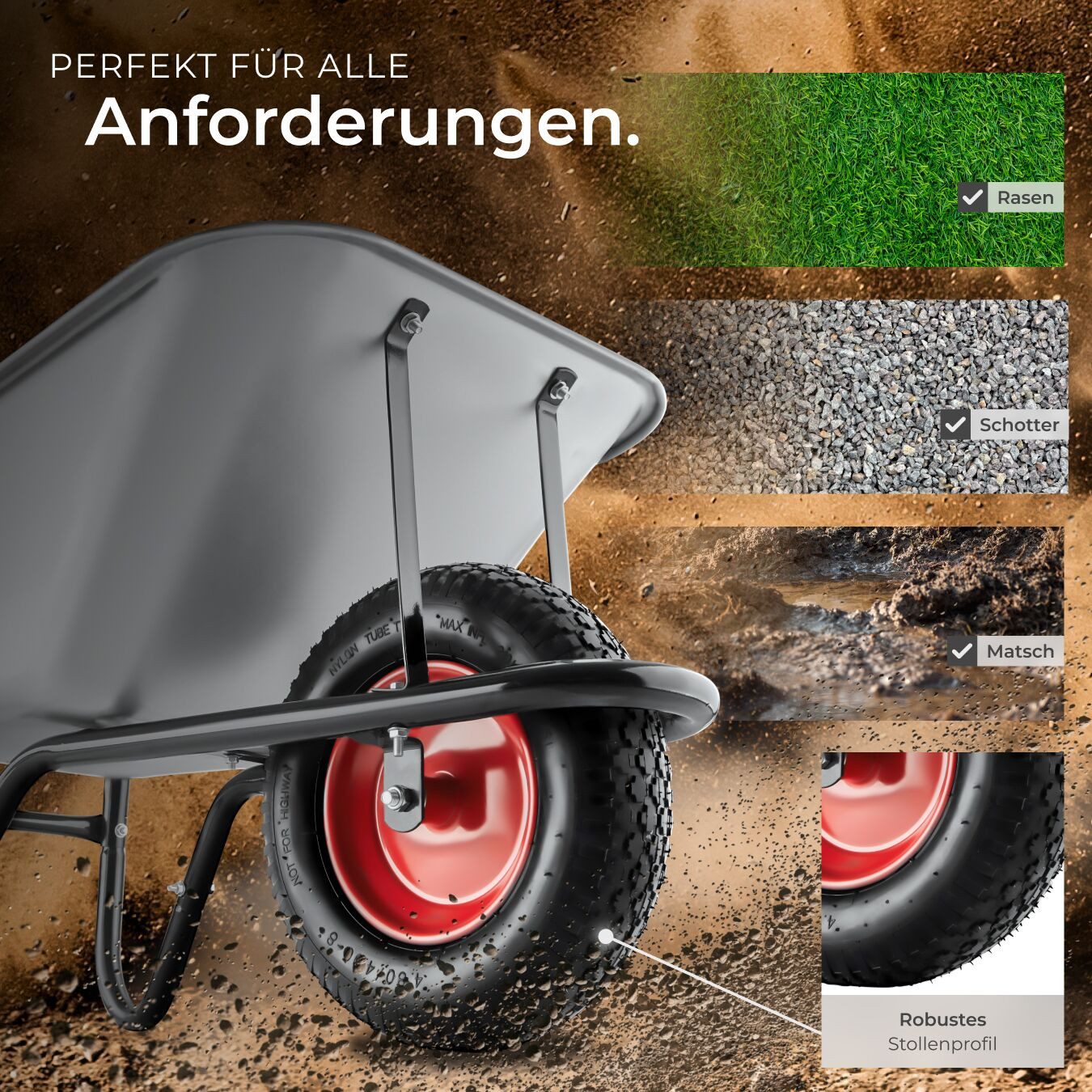 tectake Schubkarre Gartenkarre Oskar - Verzinkte Wanne mit 100L Volumen, (Einzelartikel, 1 St), Trägt bis zu 250 kg dank robustem Stahlrahmen und Verstärkung – Bild 4 von 5