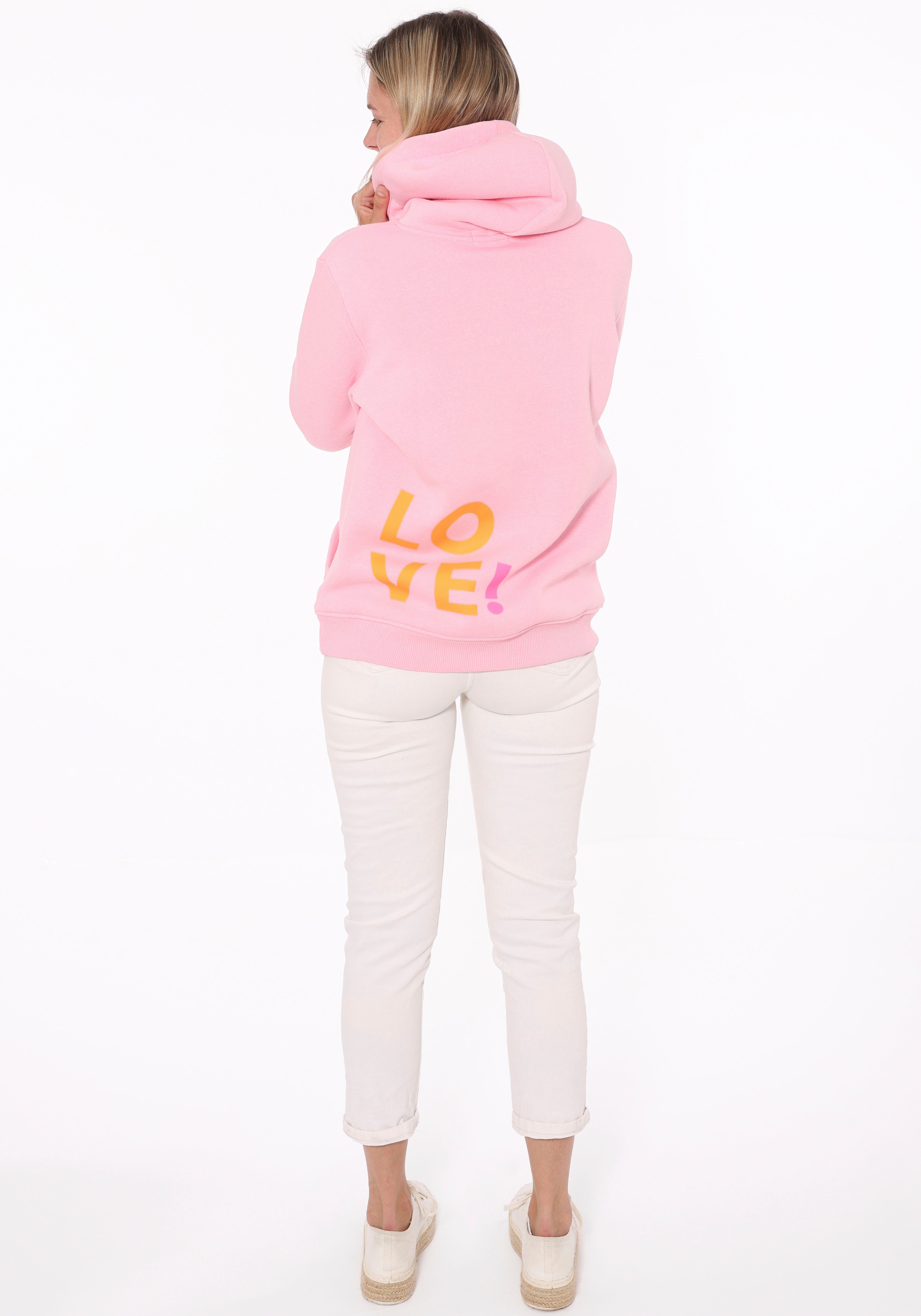 Zwillingsherz Kapuzensweatshirt mit gesticktem Neon Herz am Ärmel und "Love" Schriftzug auf Kordel