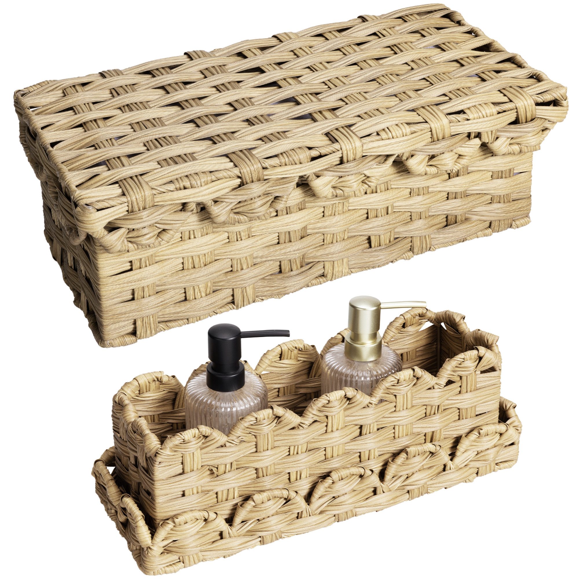 Navaris Dekokorb Körbe Aufbewahrung - Rattan Design Regalkorb - Flechtkorb mit Deckel (2 St), Aufbewahrungskorb mit gewellten Kanten - 2x Korb geflochten